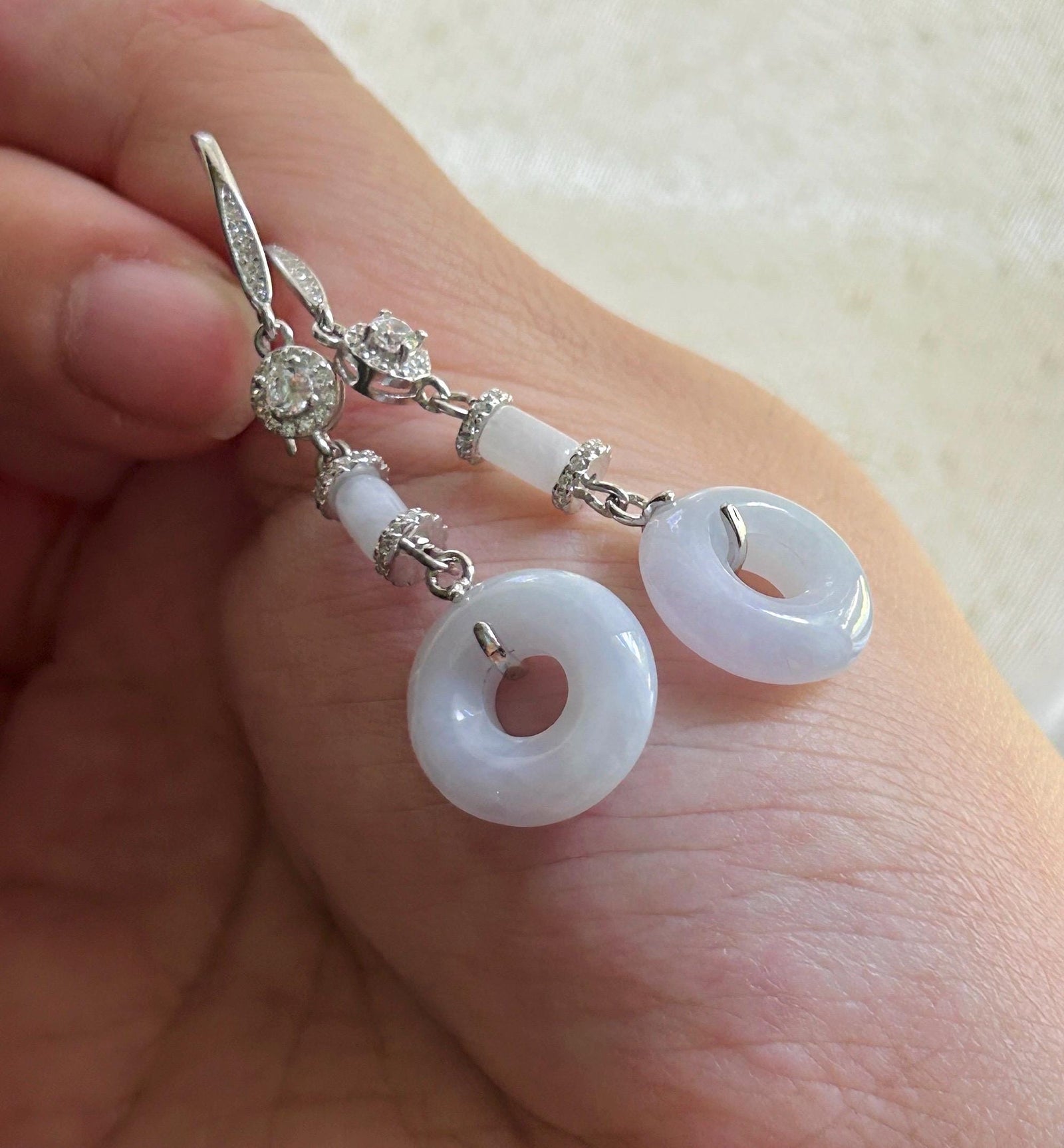 Natural Jadeite Lucky Donut Earrings: Burmese Type A Untreated Fine Glutinous Icy Light Lavender Jade, Sterling Silver