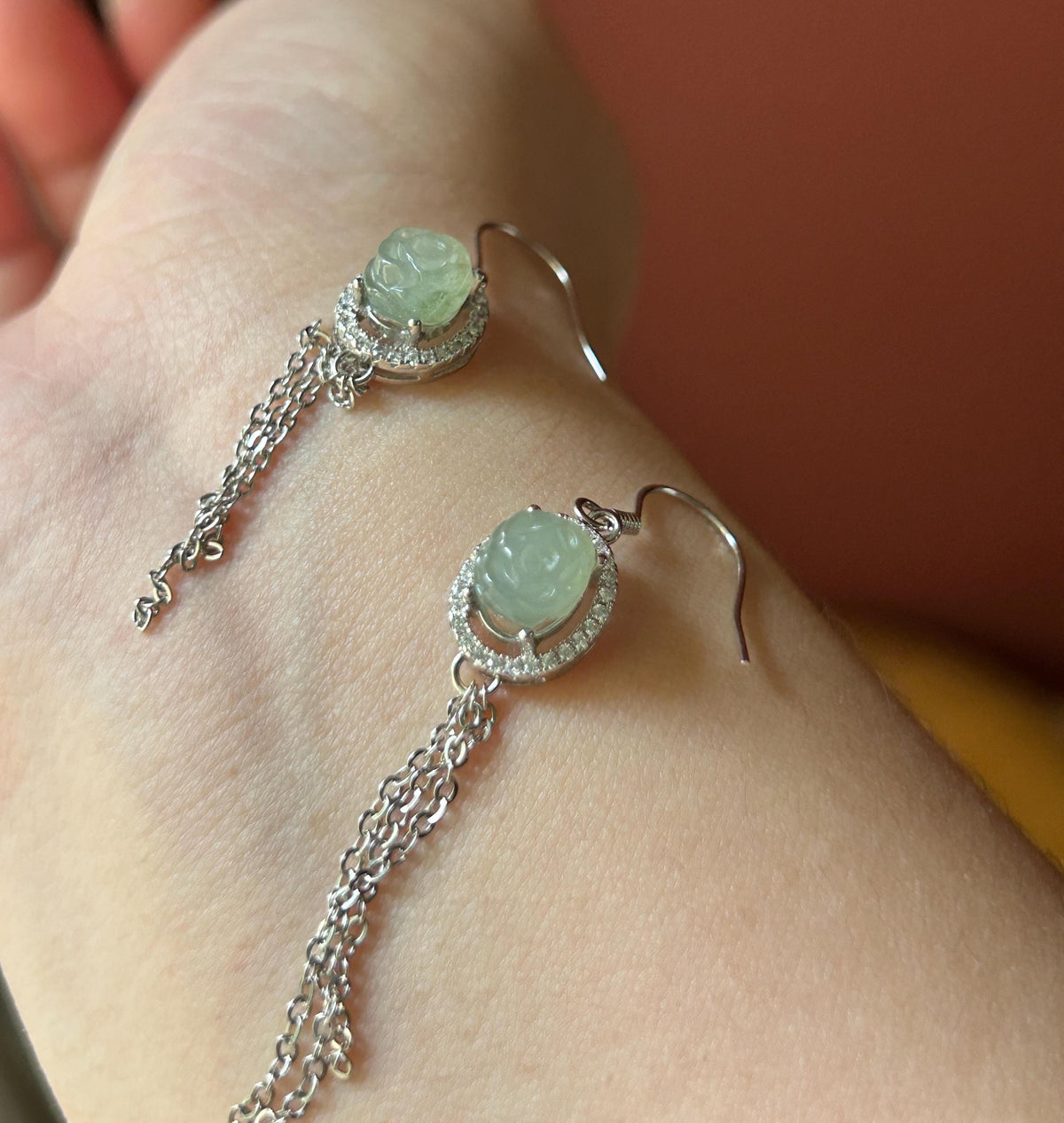 Natural Jadeite Floral Tassel Drop Earrings: Burmese Type A Untreated Icy Translucent Pale Green Jade, Sterling Silver