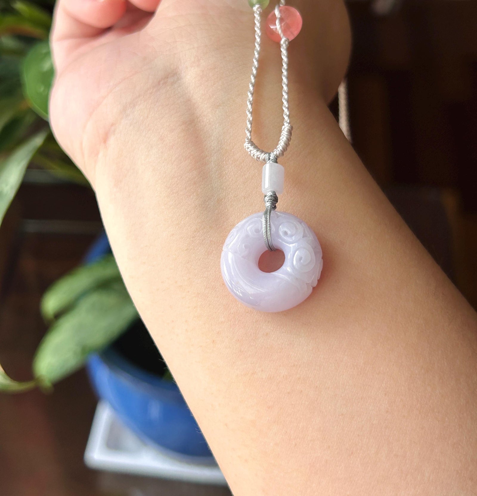 Natural Jadeite Carved Chubby Donut Pendant, Handwoven Necklace, Burmese Type A Icy Glutinous Pinkish Purple Jade, 20.8 × 10.6mm