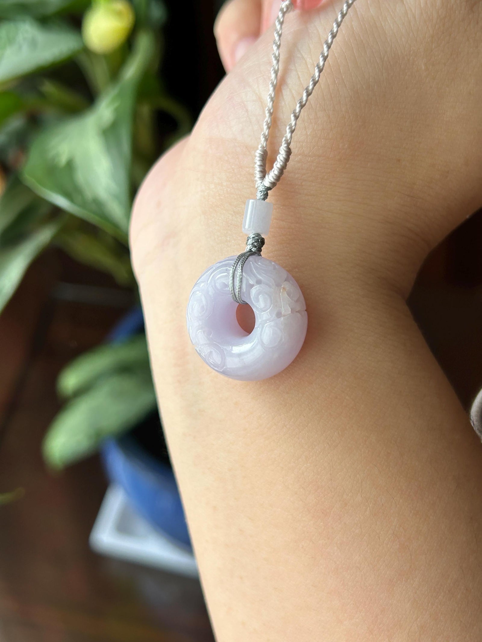 Natural Jadeite Carved Chubby Donut Pendant, Handwoven Necklace, Burmese Type A Icy Glutinous Pinkish Purple Jade, 20.8 × 10.6mm