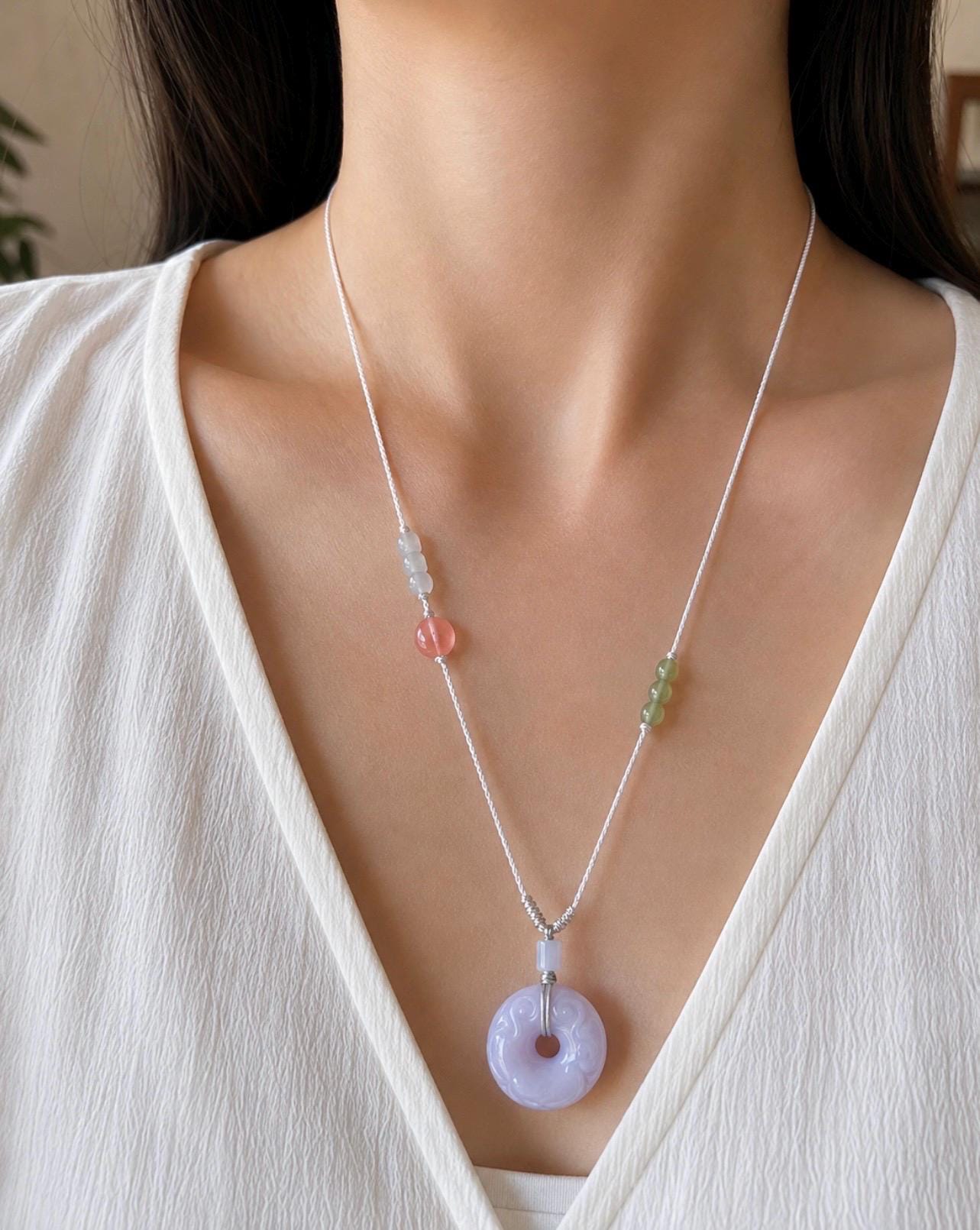 Natural Jadeite Carved Chubby Donut Pendant, Handwoven Necklace, Burmese Type A Icy Glutinous Pinkish Purple Jade, 20.8 × 10.6mm