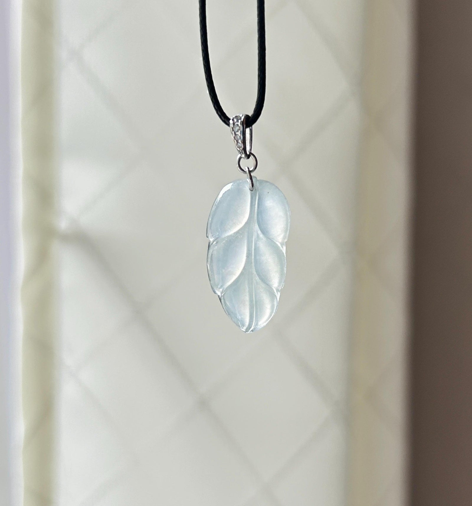 Natural Jadeite Leaf Pendant Minimalist Jewelry Burmese Type A Highly Translucent Icy Light Yellow Jade, Sterling Silver Bail