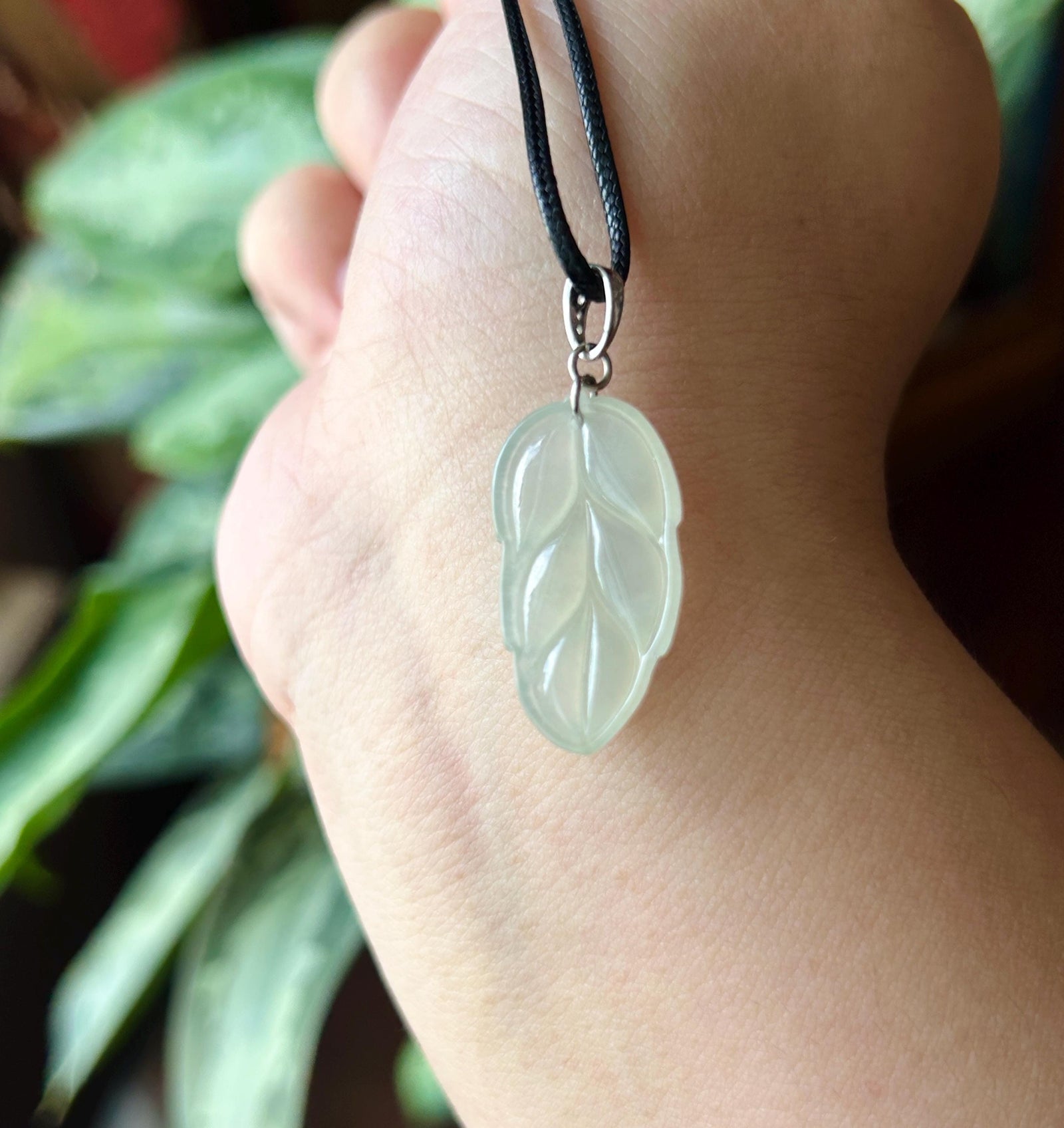 Natural Jadeite Leaf Pendant Minimalist Jewelry Burmese Type A Highly Translucent Icy Light Yellow Jade, Sterling Silver Bail