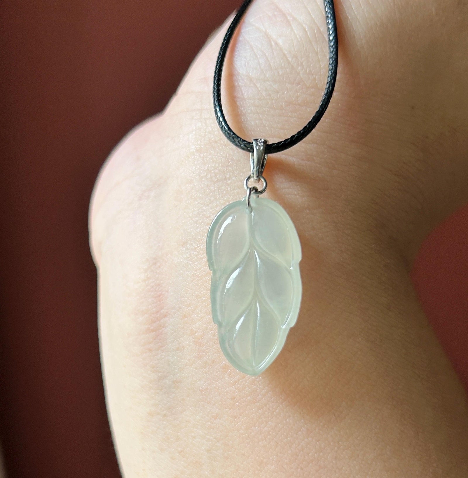 Natural Jadeite Leaf Pendant Minimalist Jewelry Burmese Type A Highly Translucent Icy Light Yellow Jade, Sterling Silver Bail