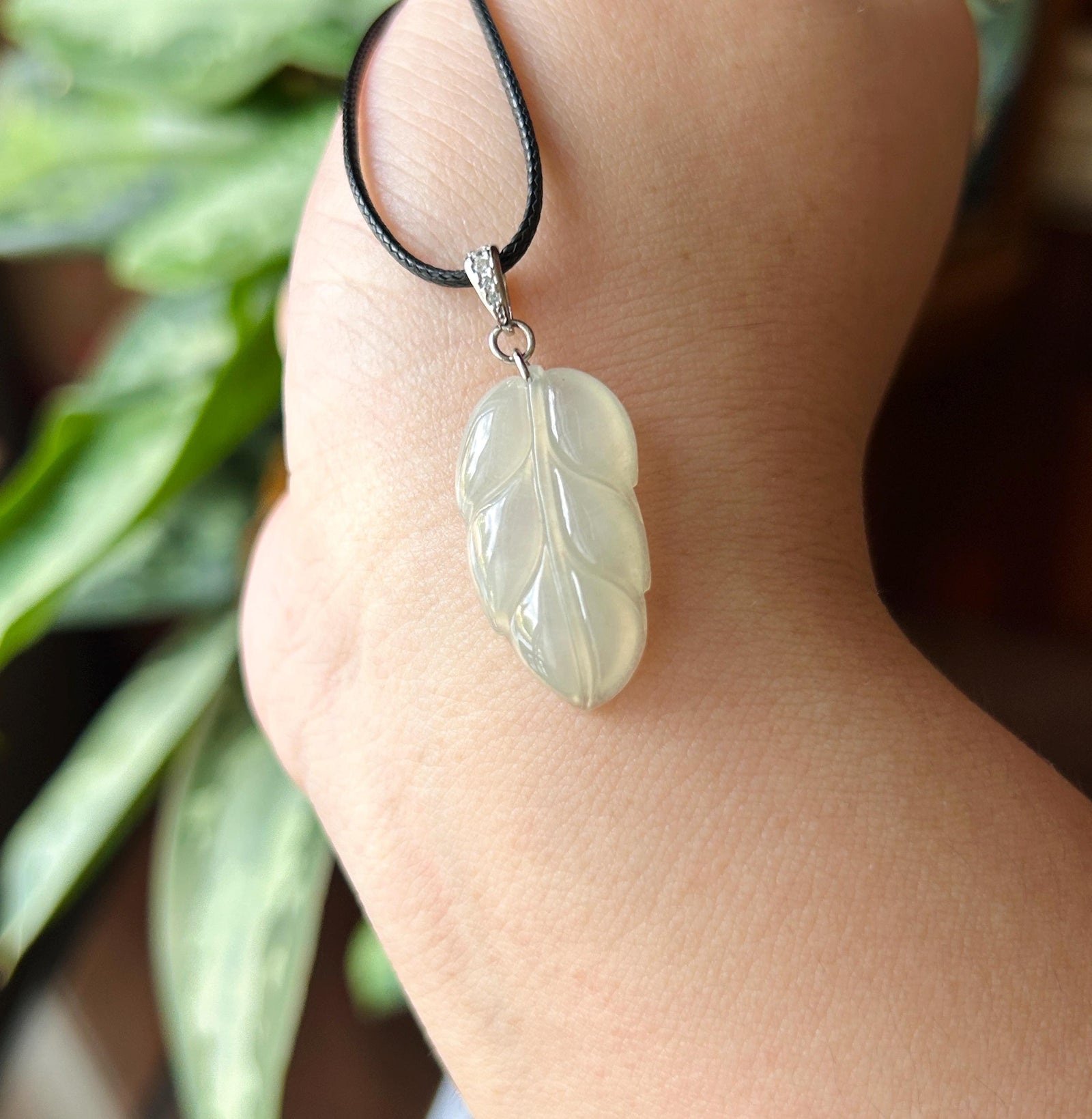 Natural Jadeite Leaf Pendant Minimalist Jewelry Burmese Type A Highly Translucent Icy Light Yellow Jade, Sterling Silver Bail