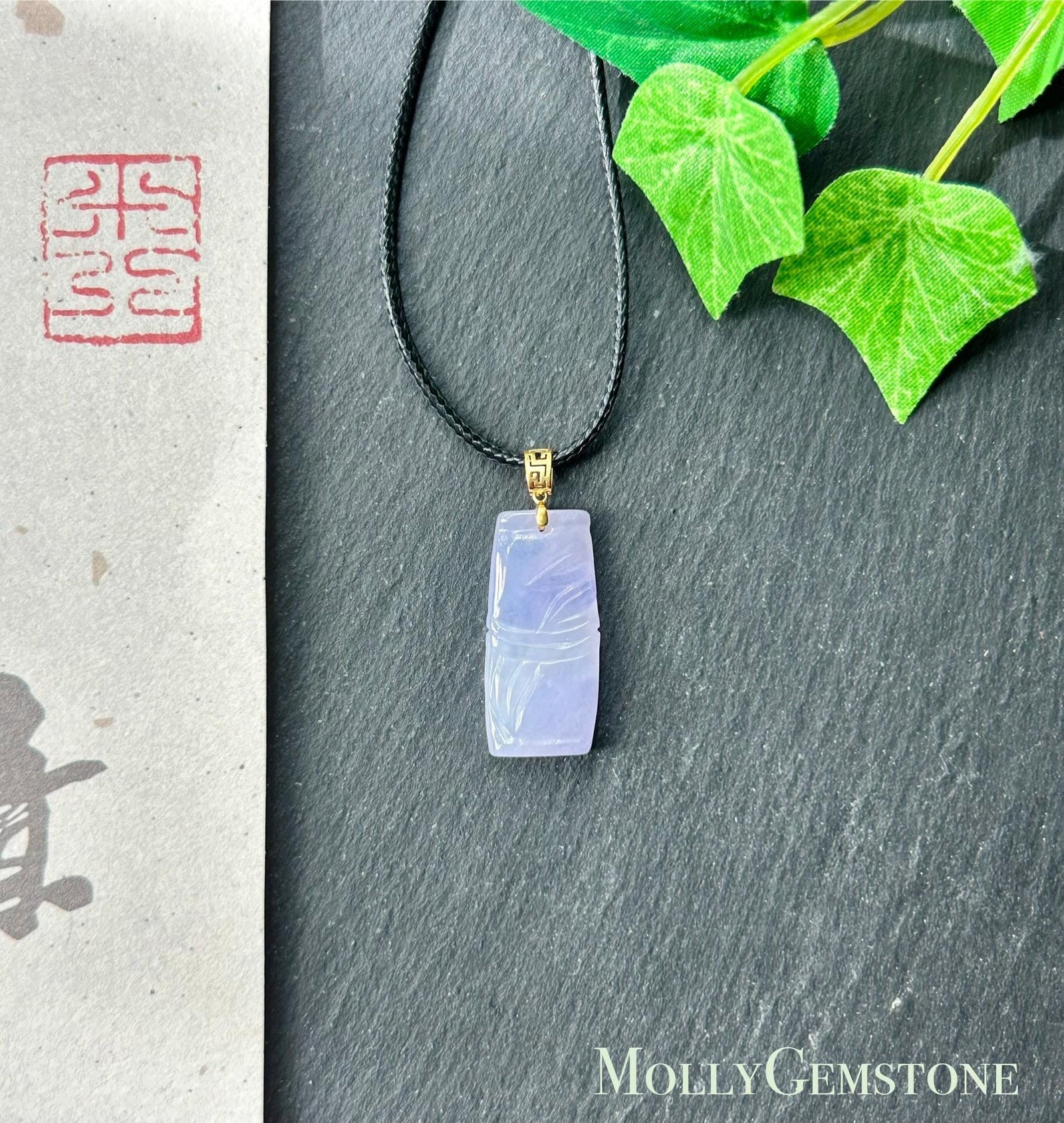 Natural Jadeite Bamboo Pendant | Burmese Type A Highly Translucent Icy Vivid Pinkish Lavender Jade, 18k Solid Gold Bail