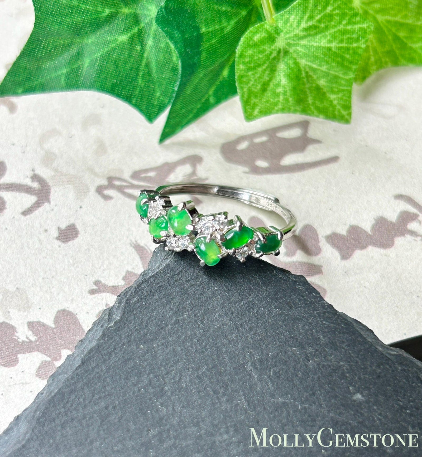 Certified Natural Jadeite Multi Cabochon Adjustable Band Ring | Burmese Type A Highly Translucent Icy Vivid Apple Green Jade Sterling Silver