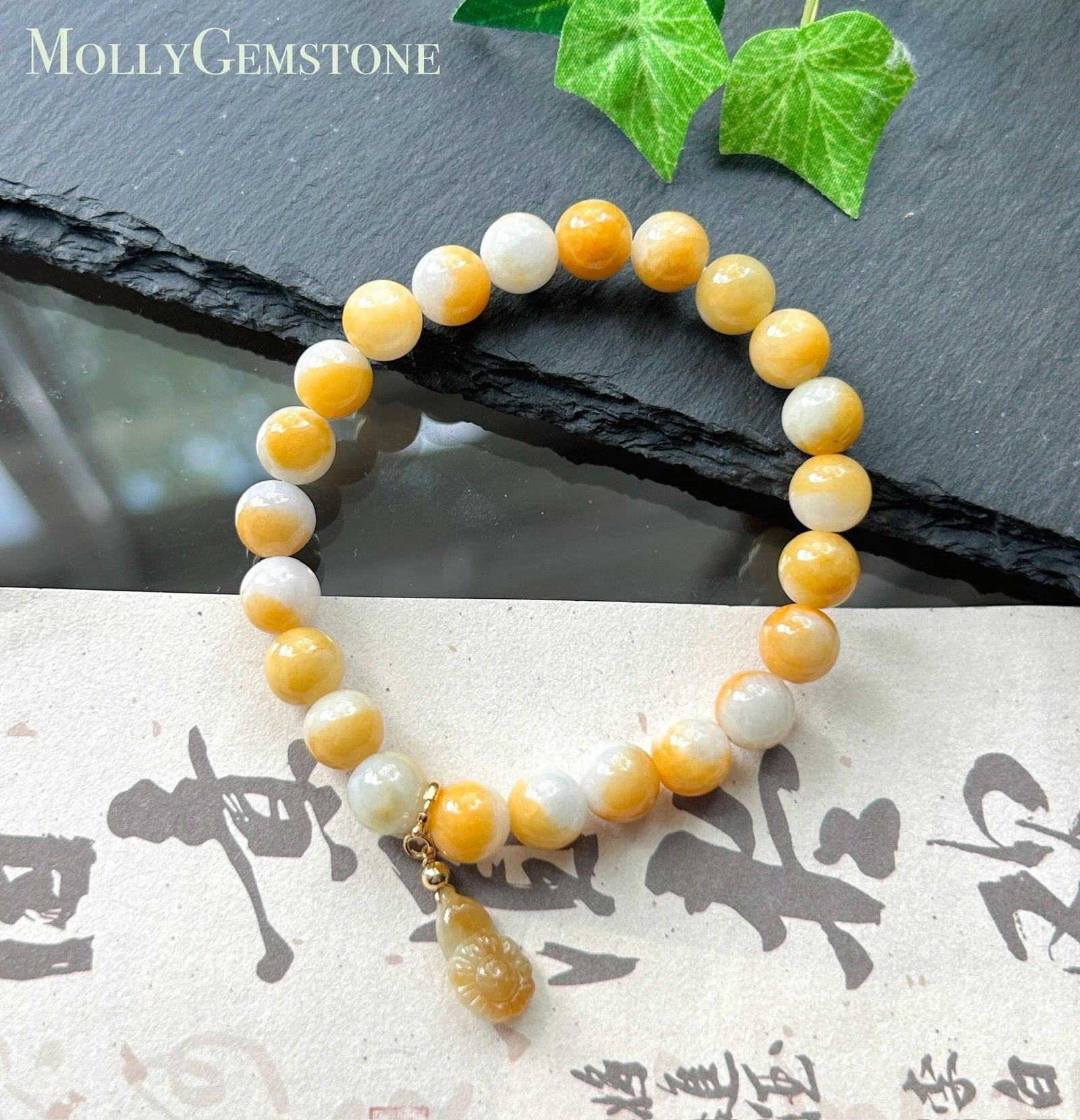 Natural Jadeite Beaded Bracelet Burmese Type A Fine Glutinous Icy Yellow & White Dual-Color Jade 8mm | Slightly Heated