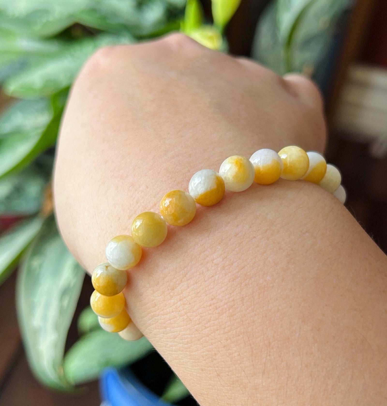 Natural Jadeite Beaded Bracelet Burmese Type A Fine Glutinous Icy Yellow & White Dual-Color Jade 8mm | Slightly Heated