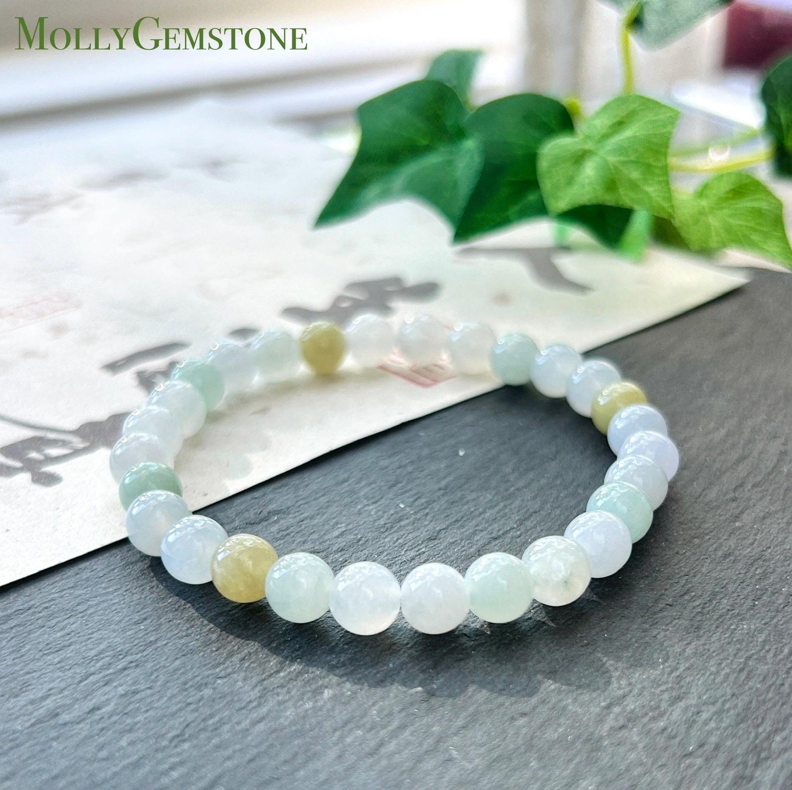 Natural Jadeite Beaded Bracelet, Burmese Type A Untreated Translucent Icy Glutinous Pastel Multicolor Jade, 6.5mm