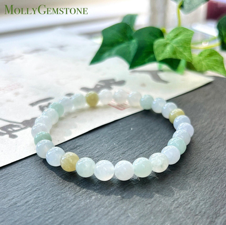 Natural Jadeite Beaded Bracelet, Burmese Type A Untreated Translucent Icy Glutinous Pastel Multicolor Jade, 6.5mm