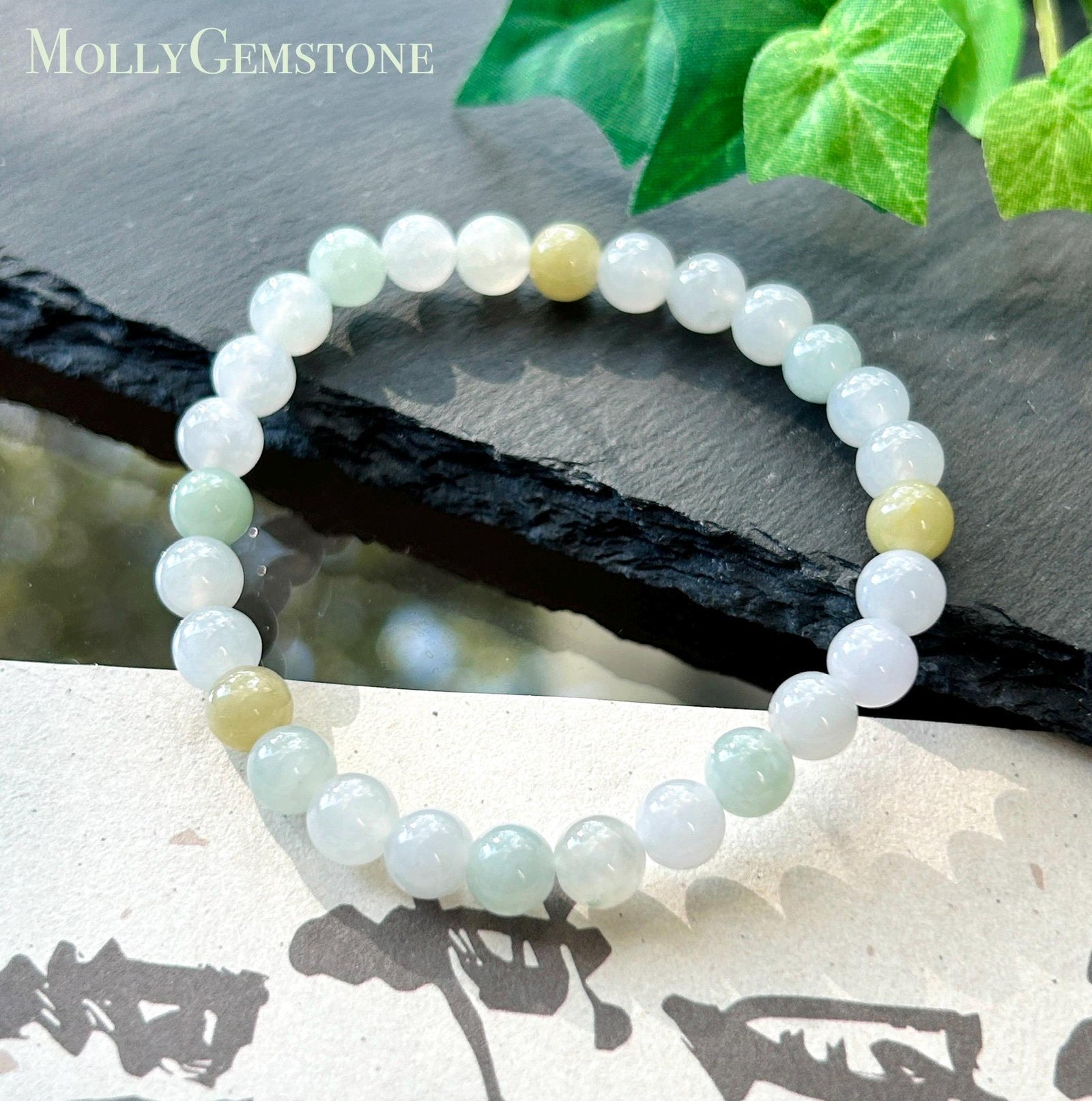 Natural Jadeite Beaded Bracelet, Burmese Type A Untreated Translucent Icy Glutinous Pastel Multicolor Jade, 6.5mm