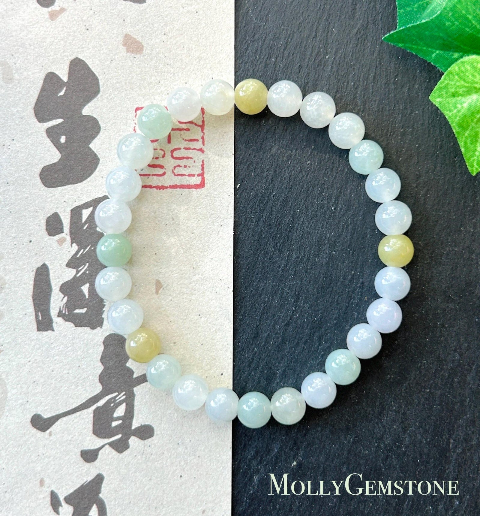Natural Jadeite Beaded Bracelet, Burmese Type A Untreated Translucent Icy Glutinous Pastel Multicolor Jade, 6.5mm