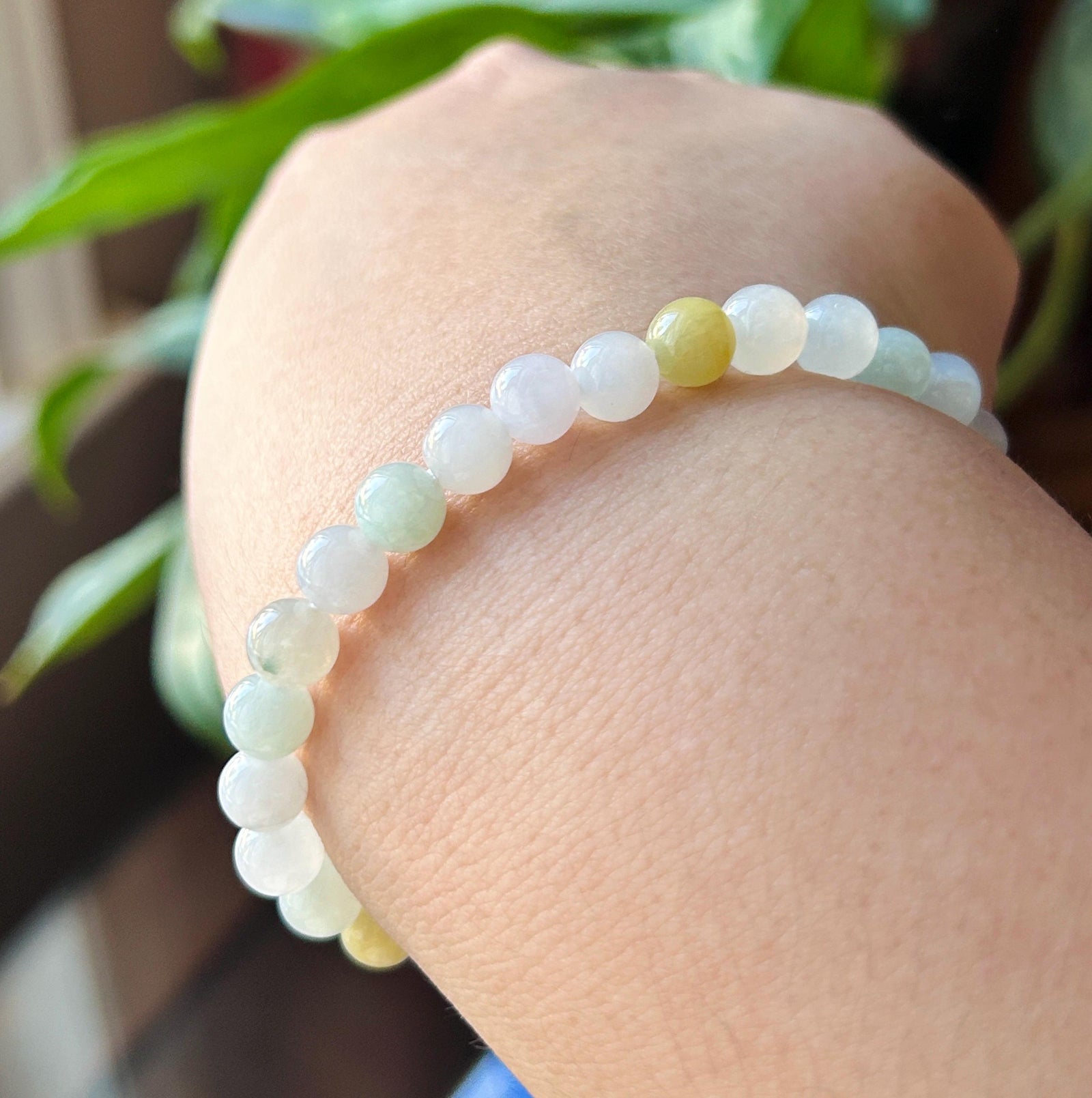 Natural Jadeite Beaded Bracelet, Burmese Type A Untreated Translucent Icy Glutinous Pastel Multicolor Jade, 6.5mm