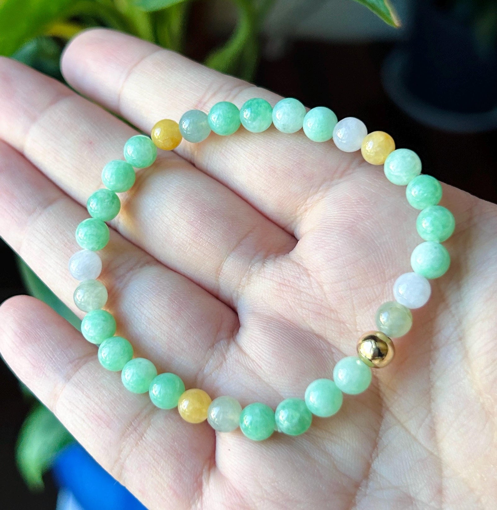 Natural Jadeite Beaded Bracelet, Burmese Type A Untreated Fine Glutinous Icy Apple Green Jade, 6mm