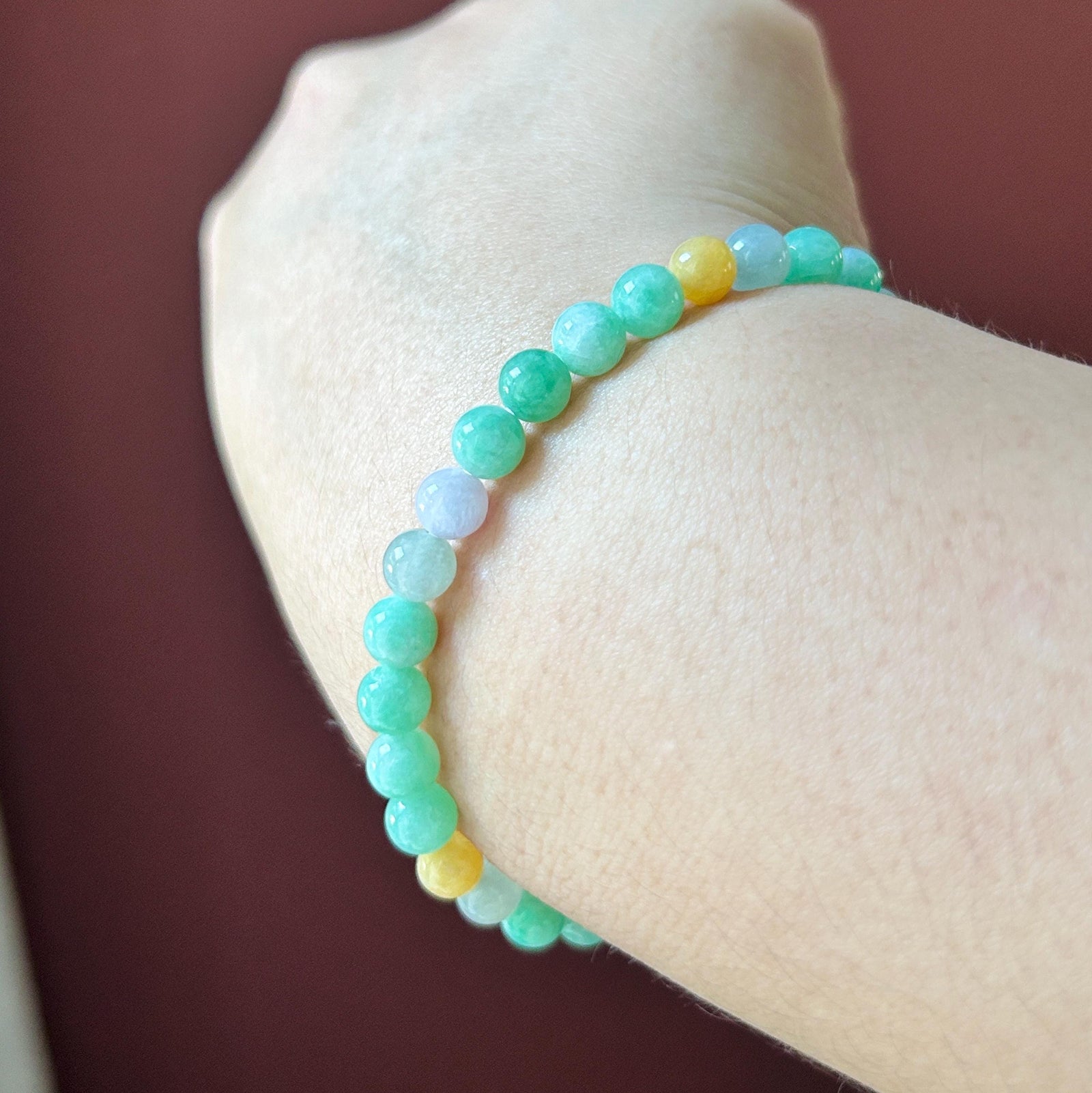 Natural Jadeite Beaded Bracelet, Burmese Type A Untreated Fine Glutinous Icy Apple Green Jade, 6mm
