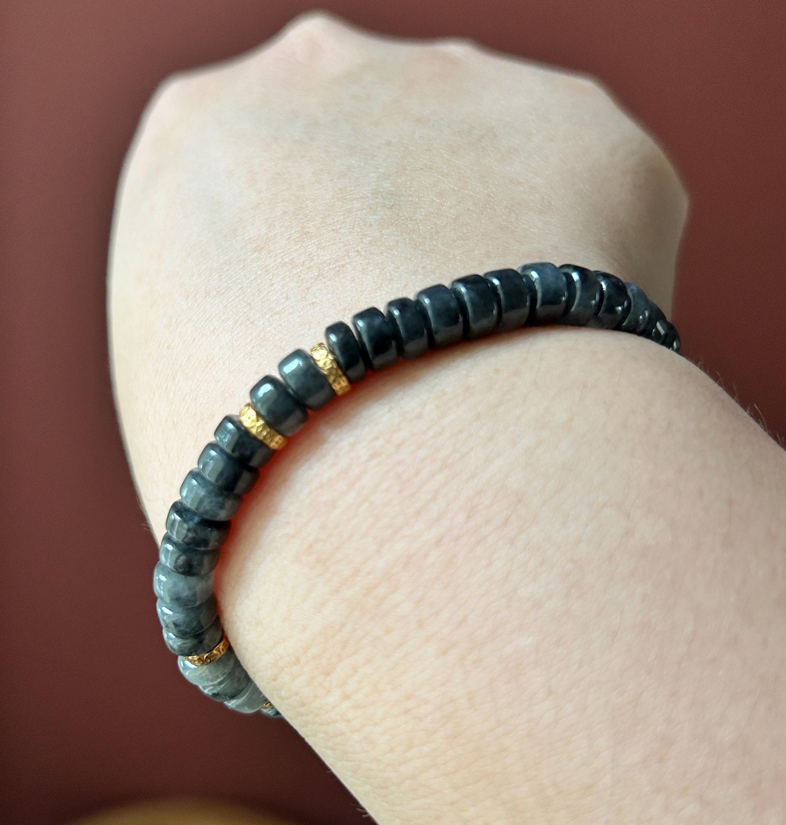 Natural Jadeite Beaded Bracelet | Burmese Type A Translucent Icy Wuji Black & Misty Gray Gradient Jade | 7.4mm