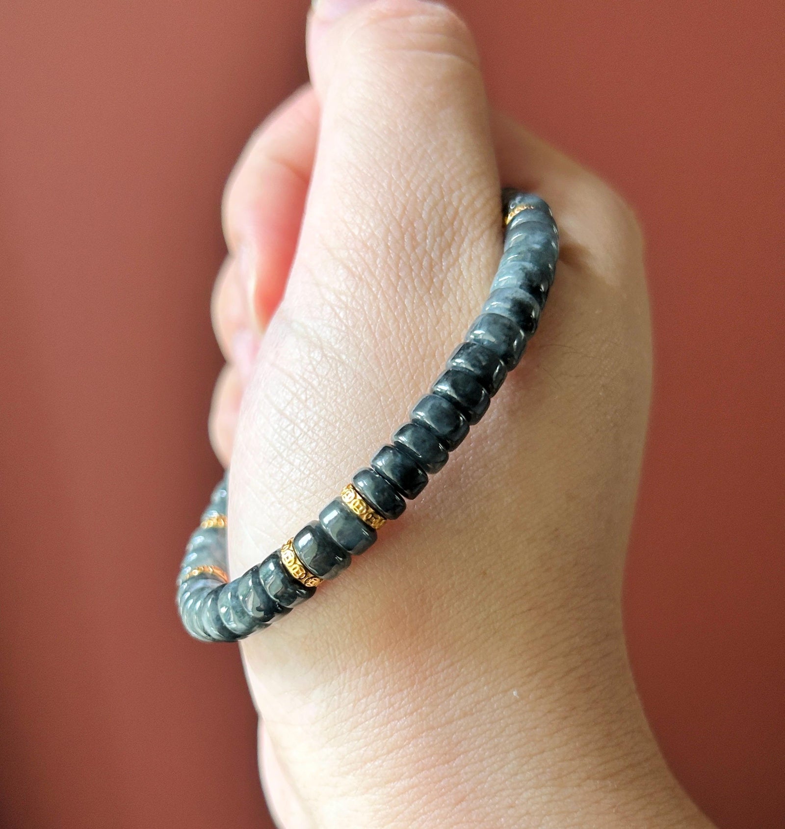 Natural Jadeite Beaded Bracelet | Burmese Type A Translucent Icy Wuji Black & Misty Gray Gradient Jade | 7.4mm