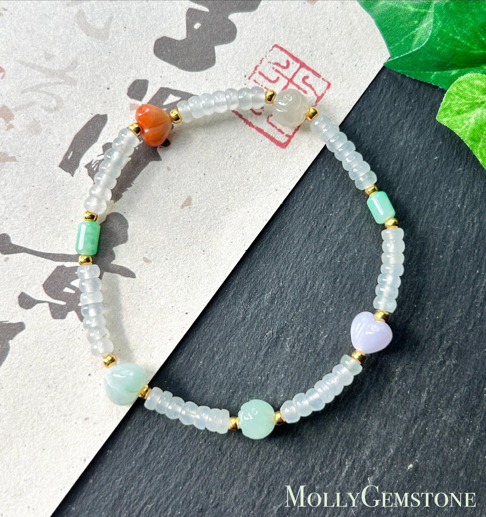 Natural Jadeite Beaded Bracelet Burmese Type A Highly Translucent Icy White Abacus Jade Beads & Multicolor Charms 4-8mm