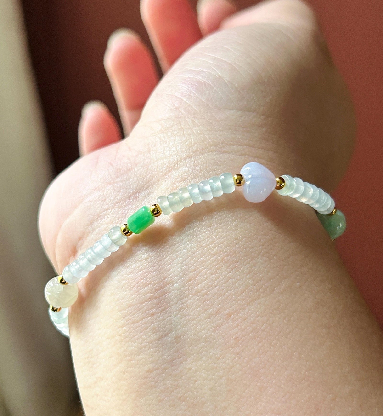 Natural Jadeite Beaded Bracelet Burmese Type A Highly Translucent Icy White Abacus Jade Beads & Multicolor Charms 4-8mm