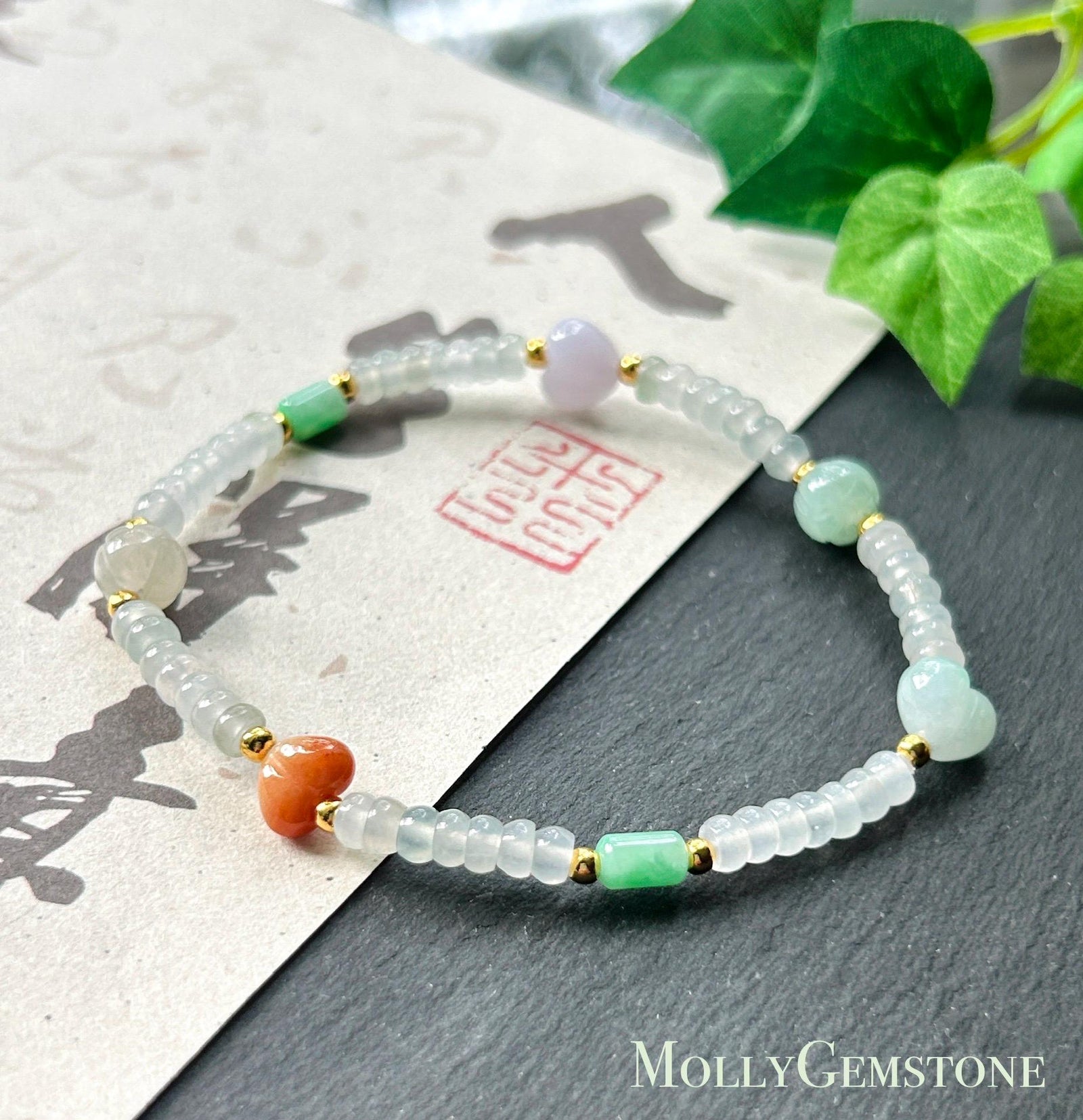Natural Jadeite Beaded Bracelet Burmese Type A Highly Translucent Icy White Abacus Jade Beads & Multicolor Charms 4-8mm