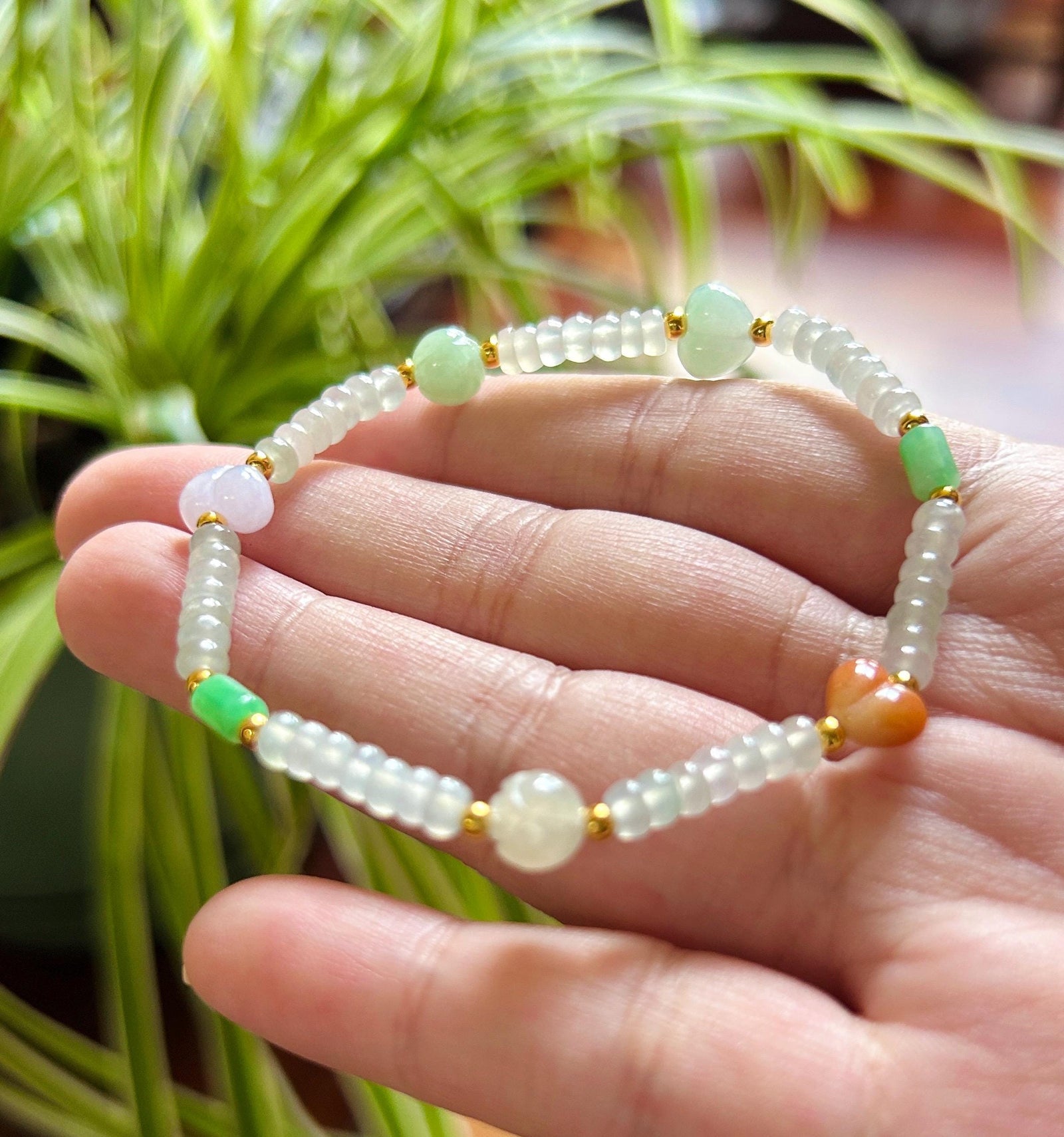 Natural Jadeite Beaded Bracelet Burmese Type A Highly Translucent Icy White Abacus Jade Beads & Multicolor Charms 4-8mm