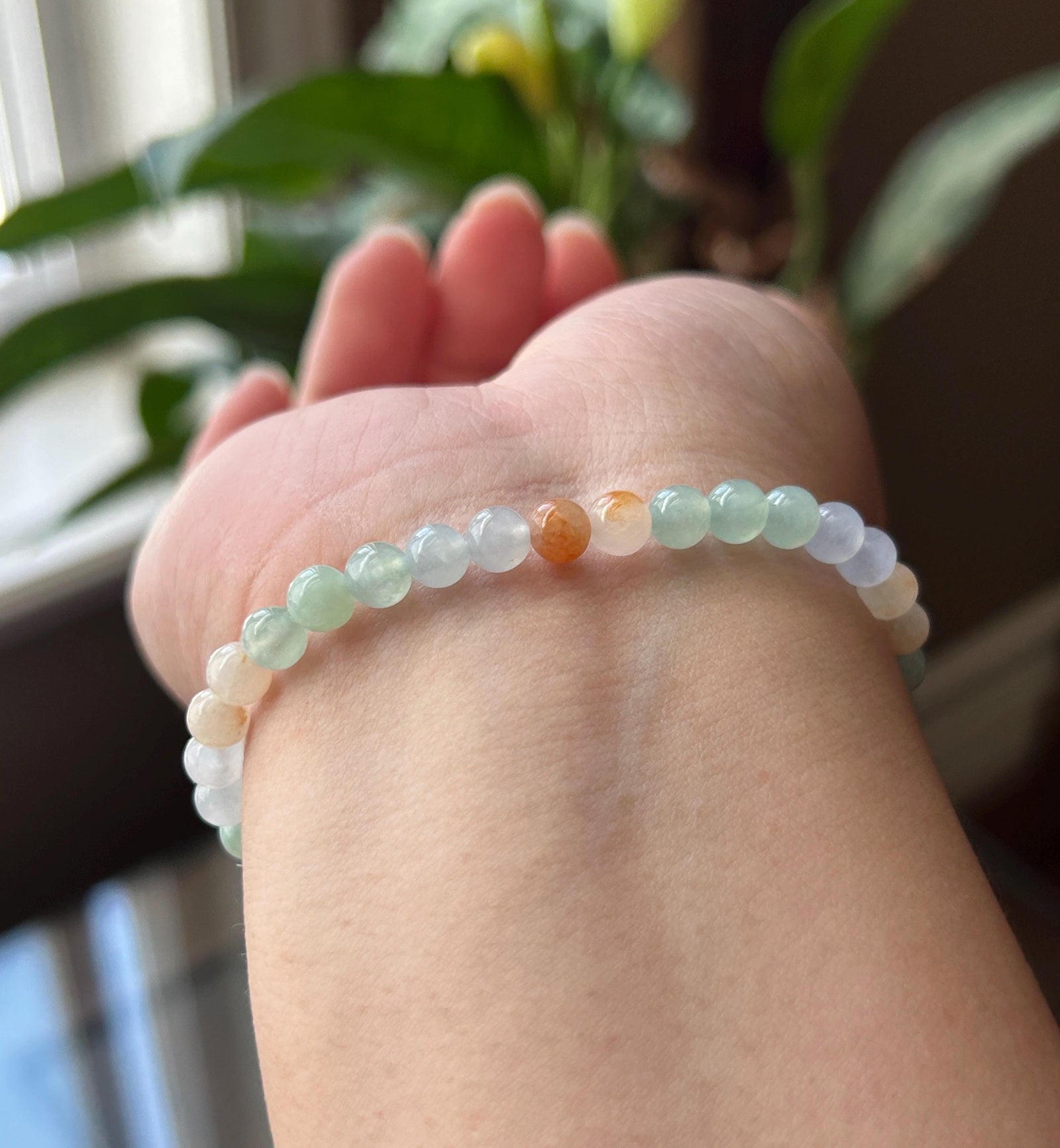 Natural Jadeite Beaded Bracelet | Burmese Type A Icy Translucent Rainbow Multicolor Jade 5.4mm