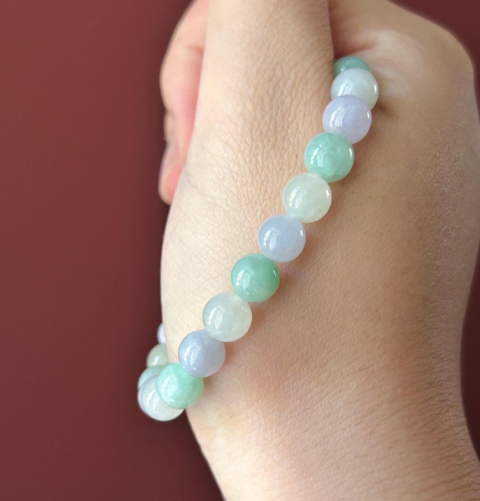 Natural Jadeite Beaded Bracelet, Burmese Type A Untreated Fine Glutinous Icy Macaron Pale Lavender & Green Jade, 7.5mm