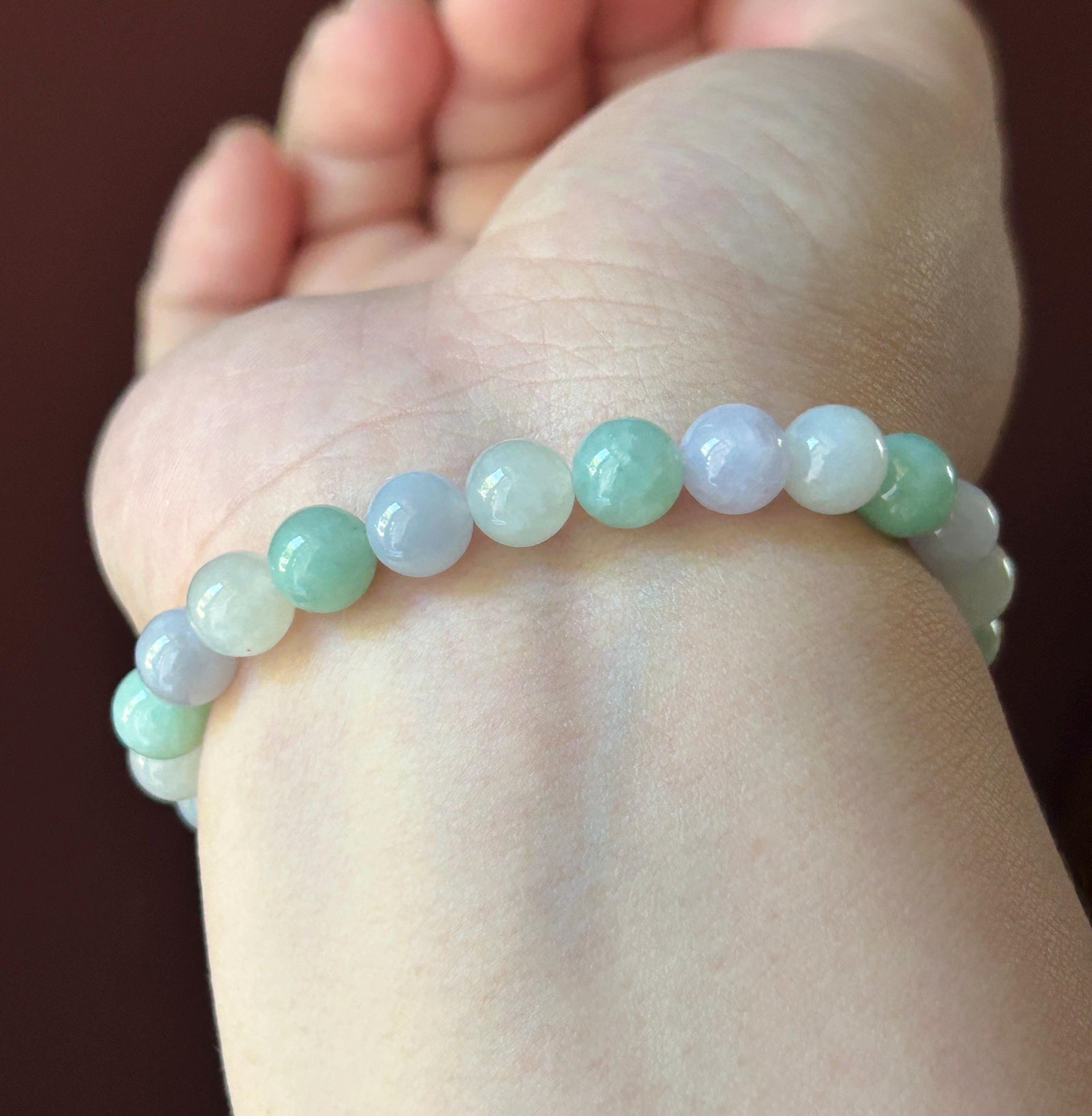 Natural Jadeite Beaded Bracelet, Burmese Type A Untreated Fine Glutinous Icy Macaron Pale Lavender & Green Jade, 7.5mm