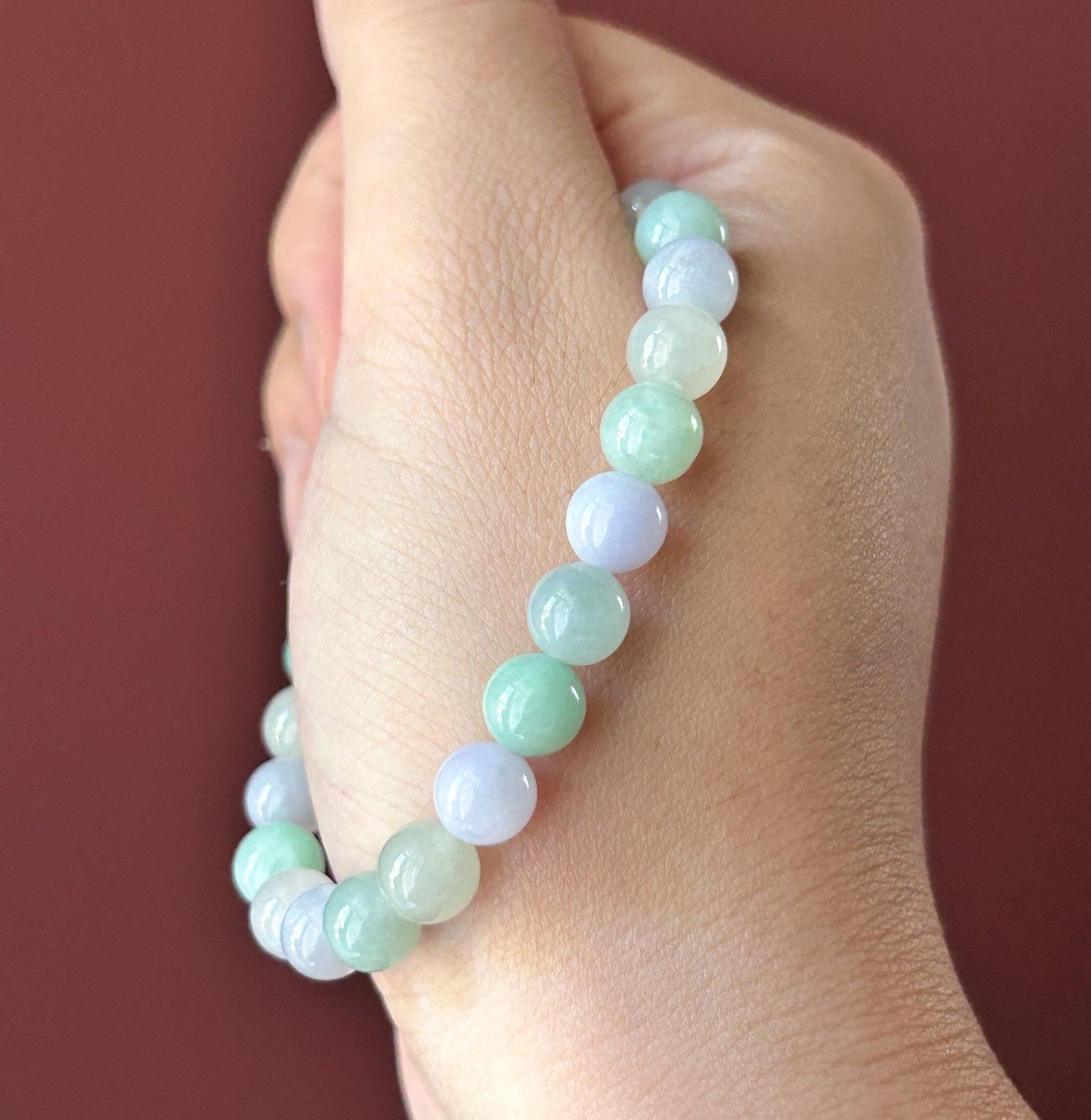 Natural Jadeite Beaded Bracelet, Burmese Type A Untreated Fine Glutinous Icy Macaron Pale Lavender & Green Jade, 7.5mm
