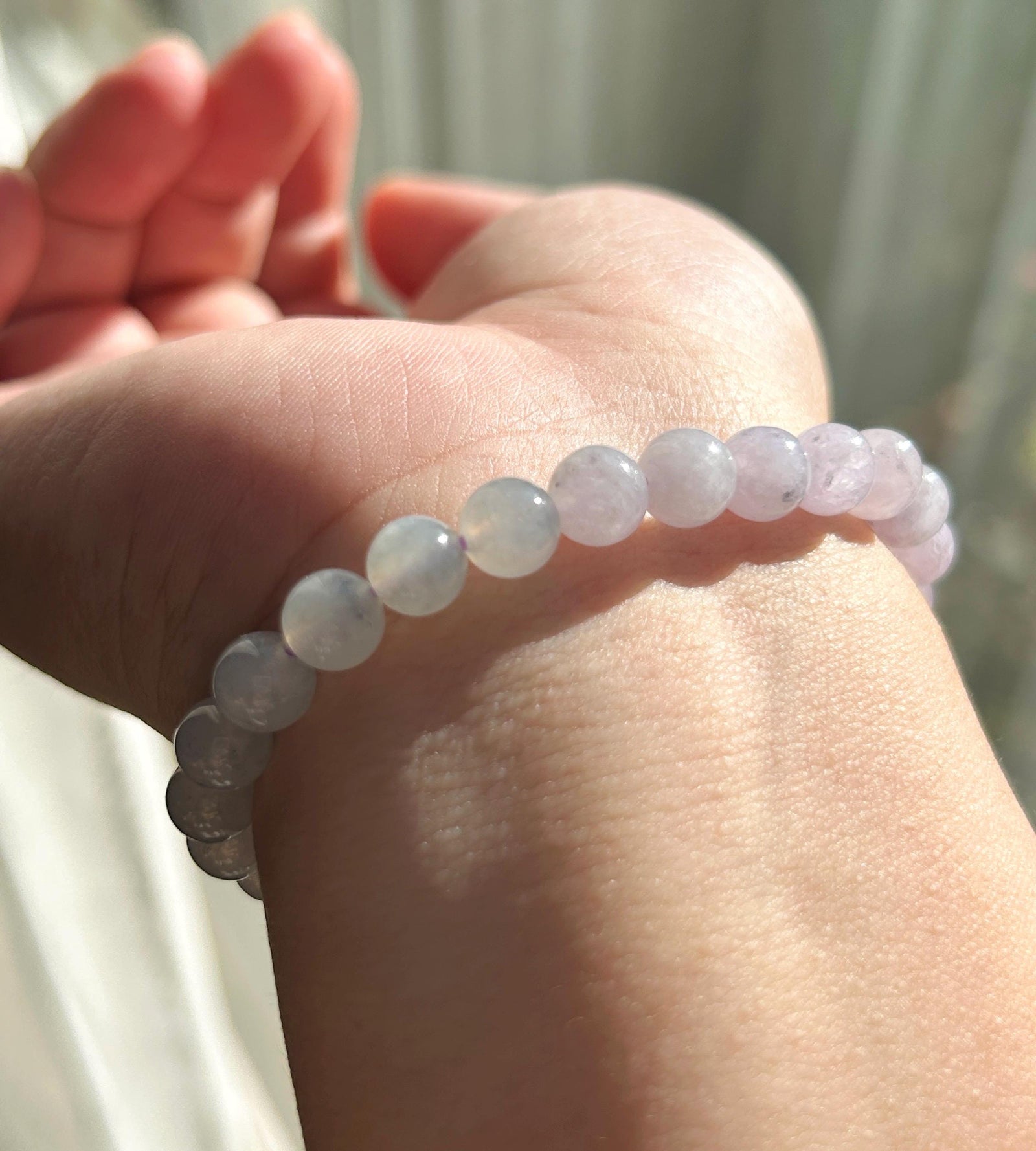 Natural Jadeite Beaded Bracelet, Burmese Type A Untreated Icy Translucent Soft Lavender & White WuJi Gradient Color Jade, 7mm