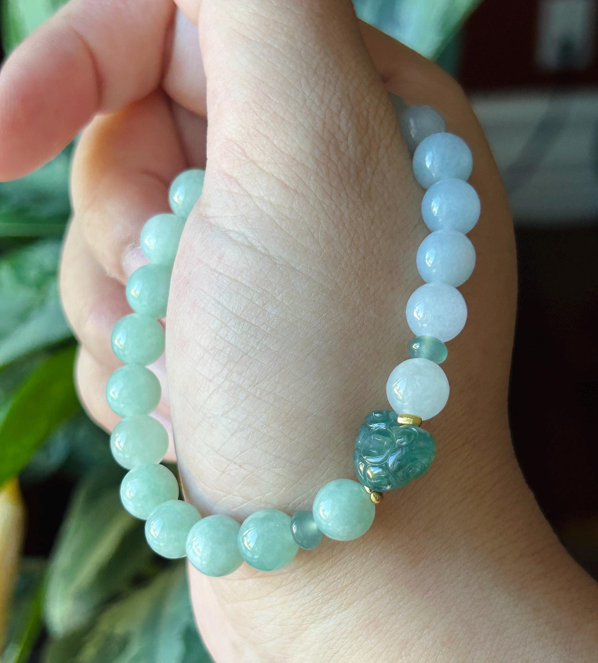 Natural Jadeite Beaded Bracelet, Burmese Type A Untreated Translucent Pale Apple Green, Blue, Icy White Gradient Color Jade, 8mm