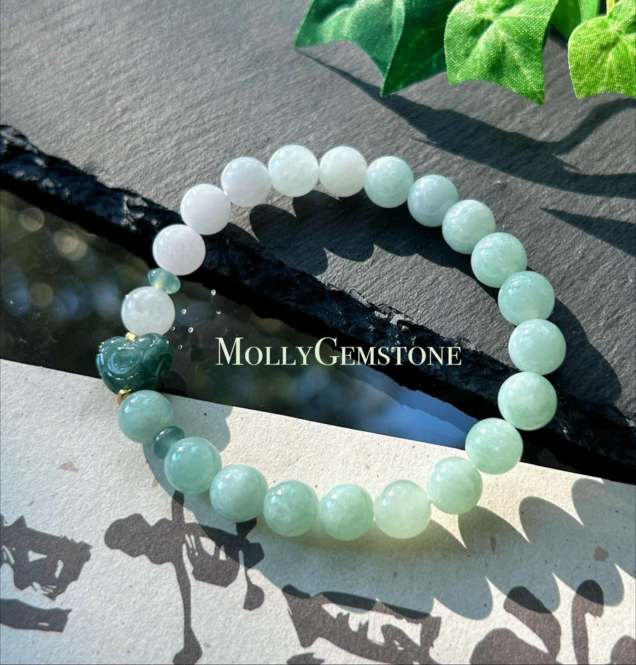 Natural Jadeite Beaded Bracelet, Burmese Type A Untreated Translucent Pale Apple Green, Blue, Icy White Gradient Color Jade, 8mm