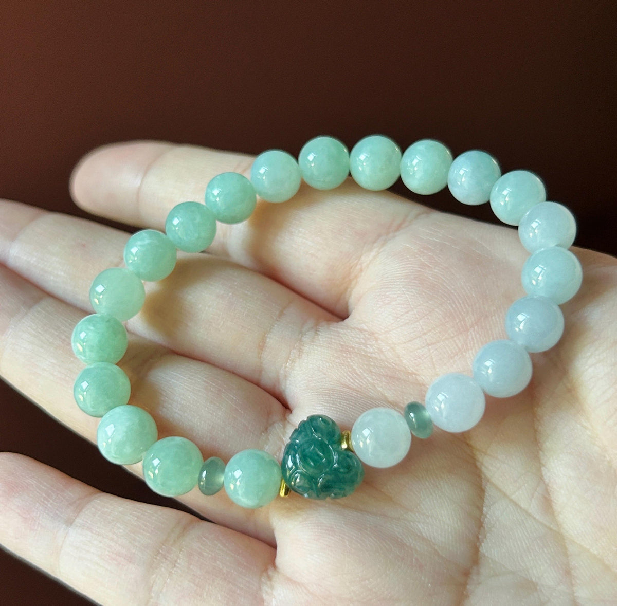 Natural Jadeite Beaded Bracelet, Burmese Type A Untreated Translucent Pale Apple Green, Blue, Icy White Gradient Color Jade, 8mm