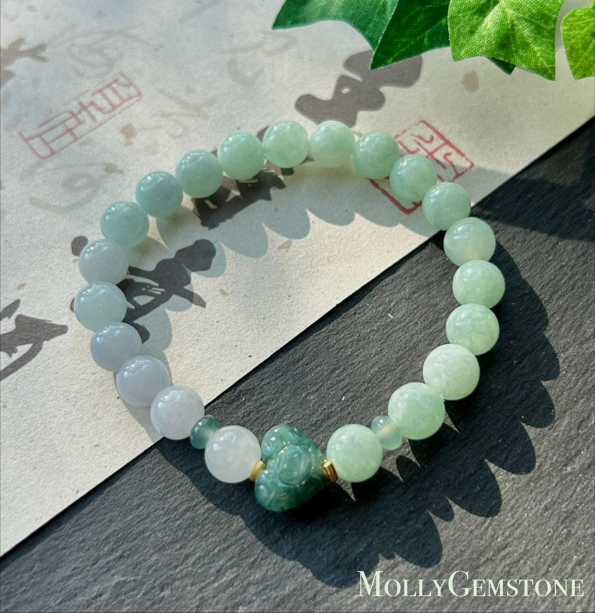 Natural Jadeite Beaded Bracelet, Burmese Type A Untreated Translucent Pale Apple Green, Blue, Icy White Gradient Color Jade, 8mm