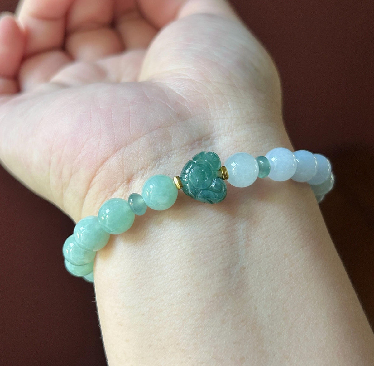 Natural Jadeite Beaded Bracelet, Burmese Type A Untreated Translucent Pale Apple Green, Blue, Icy White Gradient Color Jade, 8mm