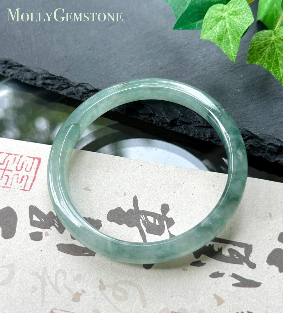 Certified Natural Jadeite Bangle – Burmese Type A Untreated Icy Glutinous Clear Water Green Jade, Thin Round- D Cut, 54-55mm