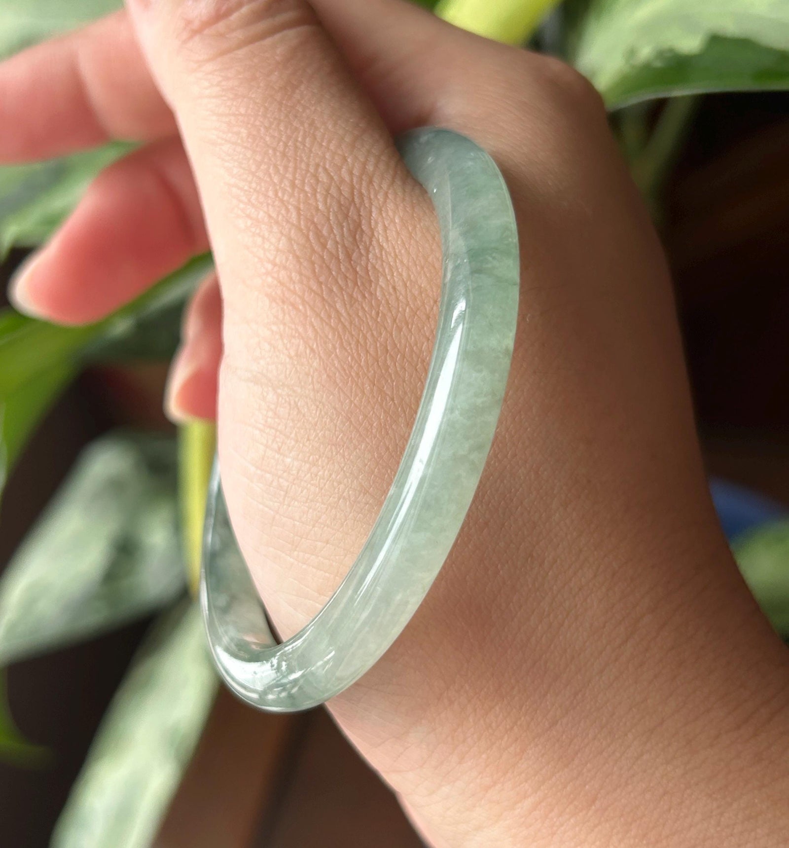 Certified Natural Jadeite Bangle – Burmese Type A Untreated Icy Glutinous Clear Water Green Jade, Thin Round- D Cut, 54-55mm