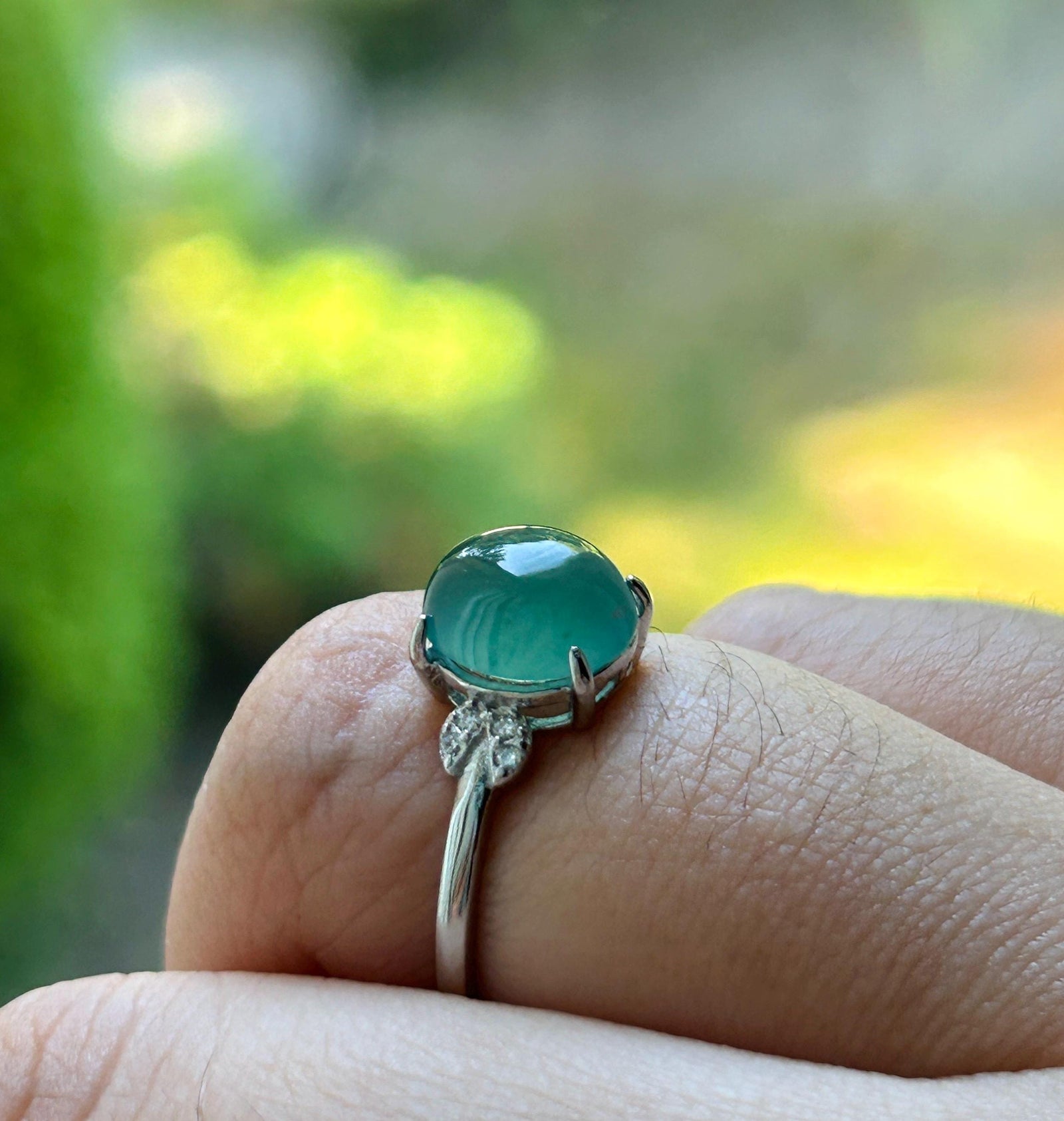 Natural Jadeite Ring Guatemalan Type A Highly Translucent Icy Ocean Blue Oval Cabochon Jade | Sterling Silver