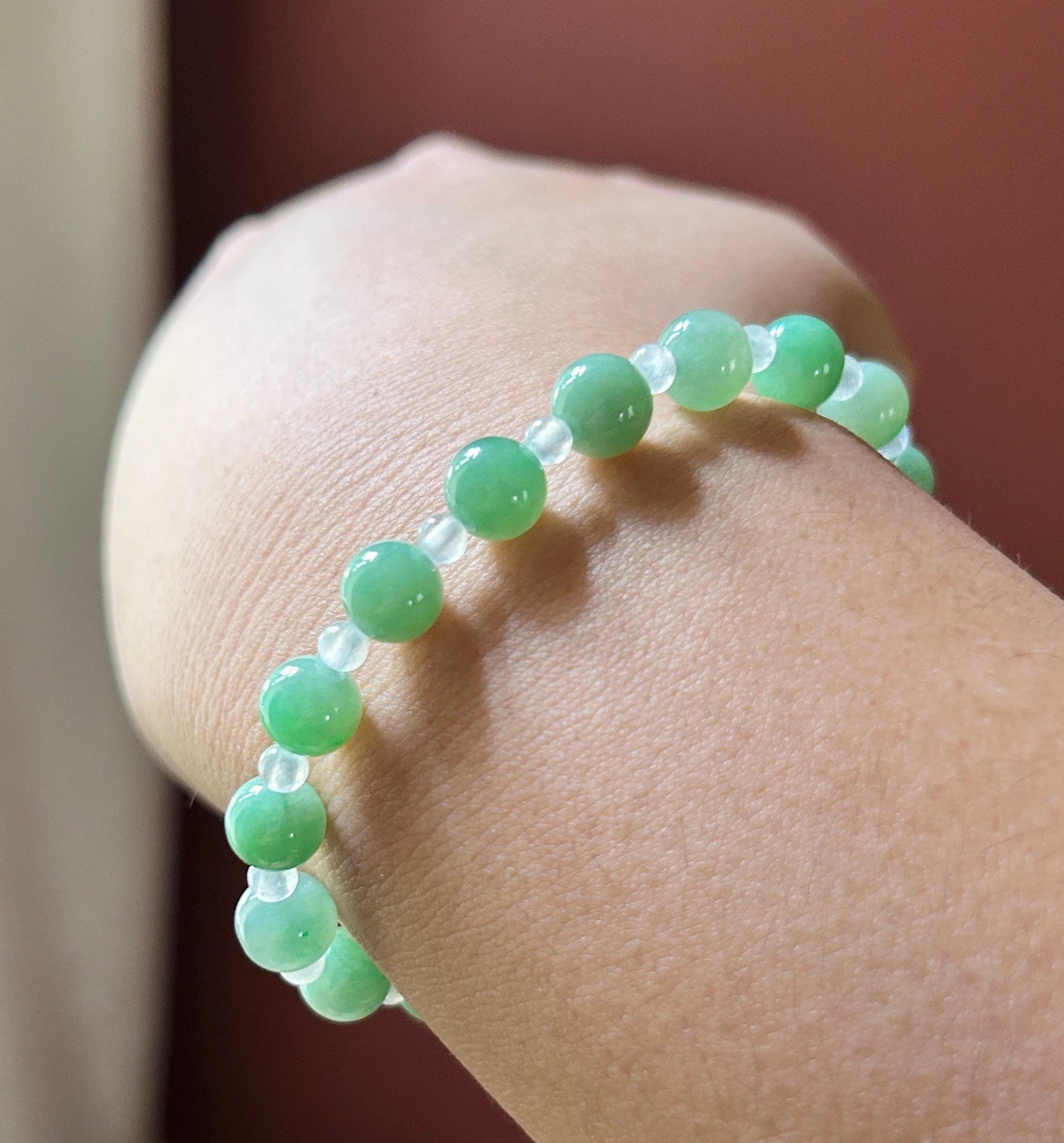 Natural Jadeite Beaded Bracelet – Burmese Type A Translucent Icy Apple Green & White Jade, 7.2mm, Minimalist Jewelry
