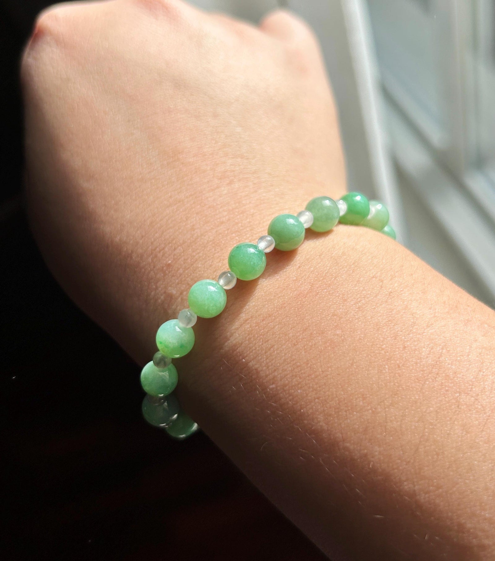 Natural Jadeite Beaded Bracelet – Burmese Type A Translucent Icy Apple Green & White Jade, 7.2mm, Minimalist Jewelry