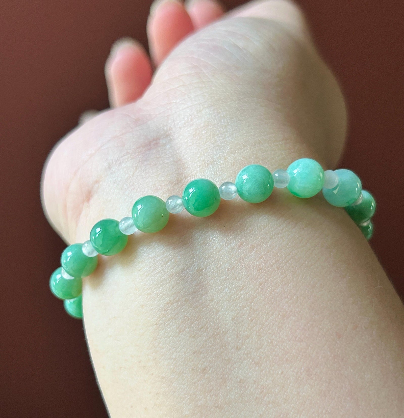 Natural Jadeite Beaded Bracelet – Burmese Type A Translucent Icy Apple Green & White Jade, 7.2mm, Minimalist Jewelry