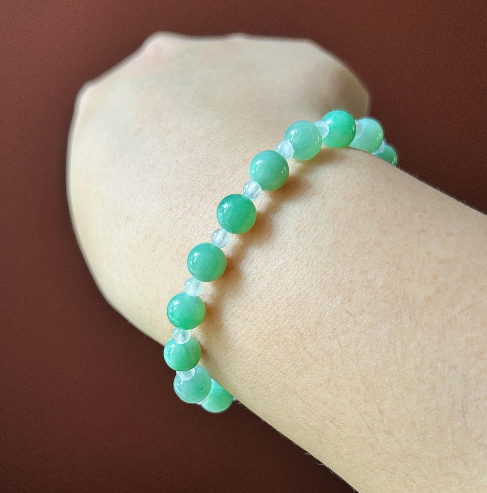 Natural Jadeite Beaded Bracelet – Burmese Type A Translucent Icy Apple Green & White Jade, 7.2mm, Minimalist Jewelry