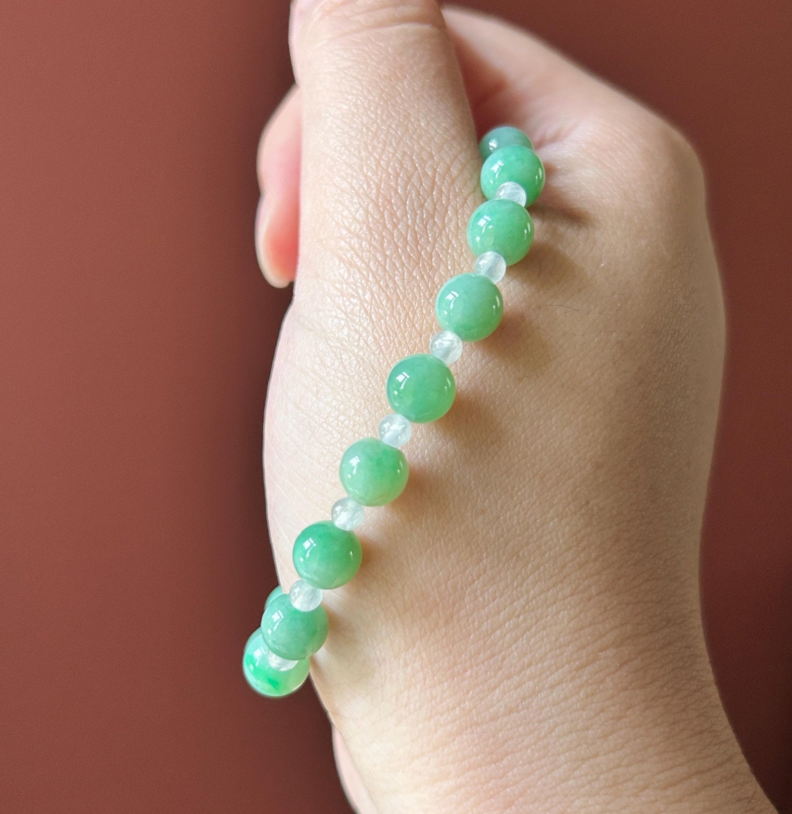 Natural Jadeite Beaded Bracelet – Burmese Type A Translucent Icy Apple Green & White Jade, 7.2mm, Minimalist Jewelry