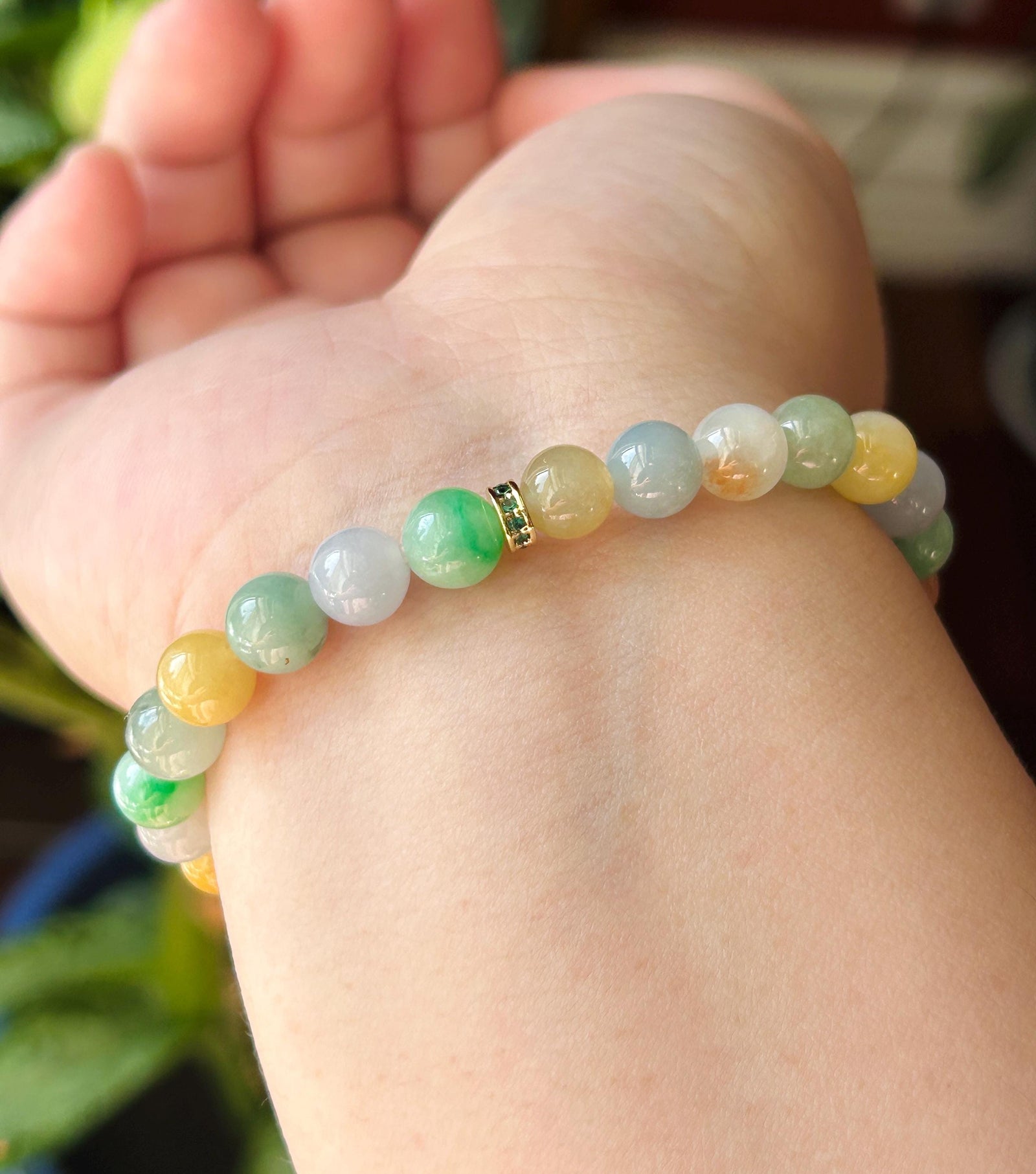 Natural Jadeite Beaded Bracelet, Burmese Type A Untreated Icy Translucent Vivid Rainbow Multicolor Jade, 7.5mm