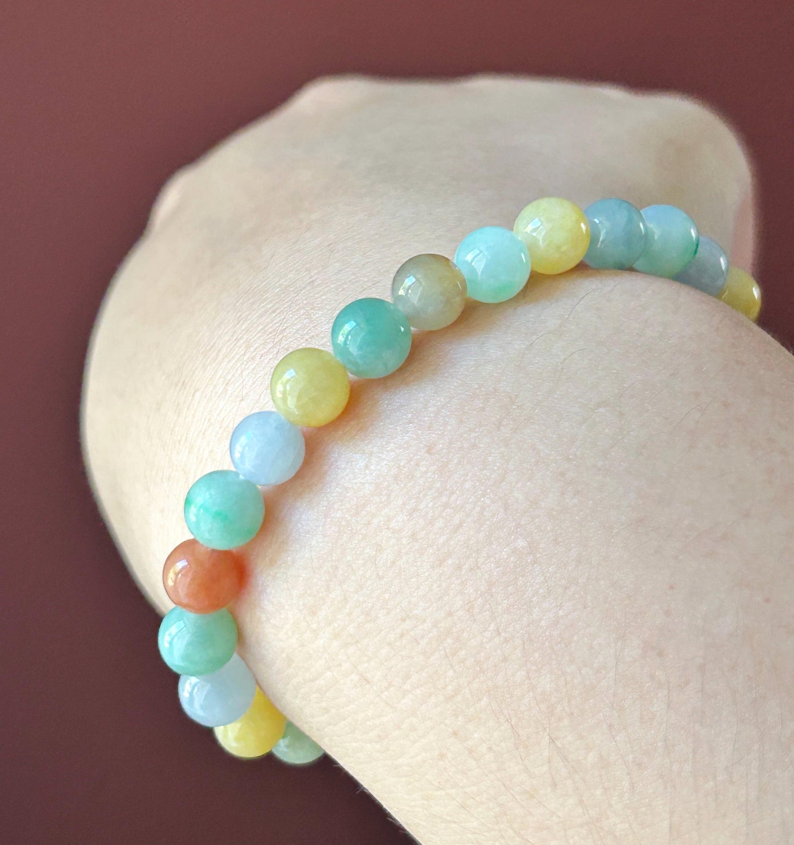 Natural Jadeite Beaded Bracelet, Burmese Type A Untreated Icy Translucent Vivid Rainbow Multicolor Jade, 7.5mm