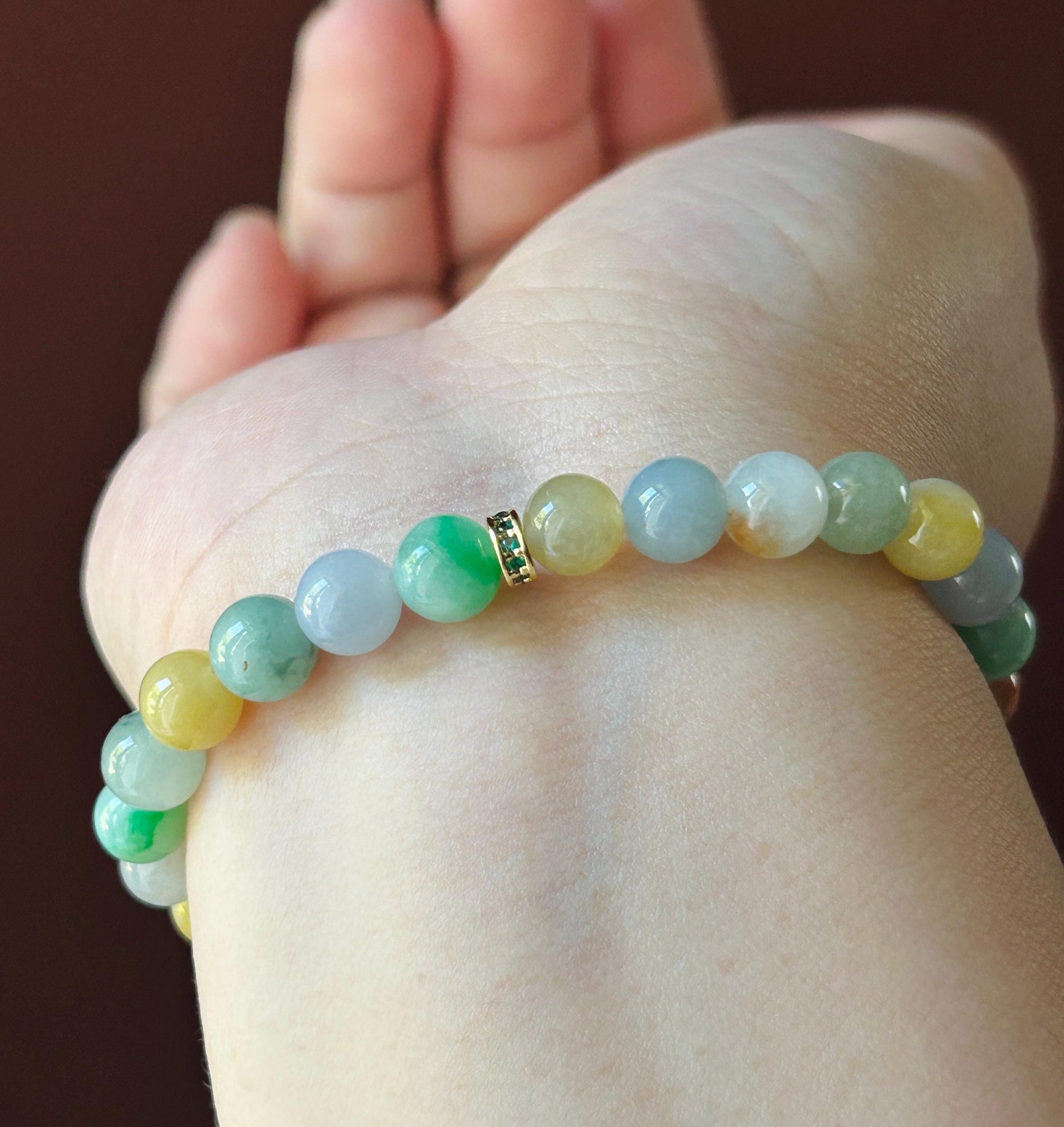 Natural Jadeite Beaded Bracelet, Burmese Type A Untreated Icy Translucent Vivid Rainbow Multicolor Jade, 7.5mm
