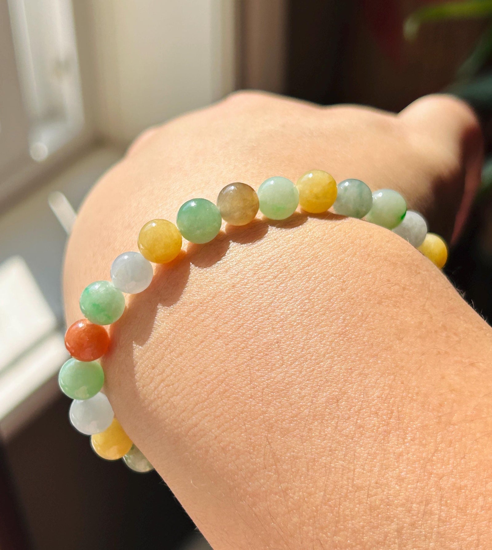 Natural Jadeite Beaded Bracelet, Burmese Type A Untreated Icy Translucent Vivid Rainbow Multicolor Jade, 7.5mm