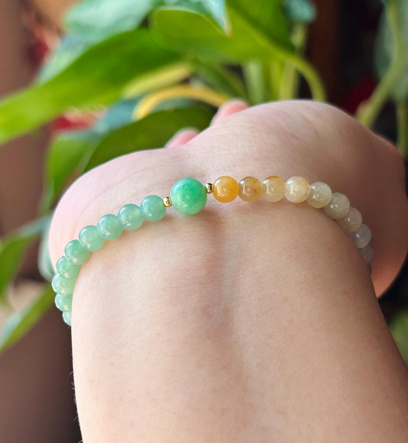 Natural Jadeite Beaded Bracelet, Burmese Type A Untreated Highly Translucent Icy Vivid Rainbow Gradient Multicolor Jade, 5mm