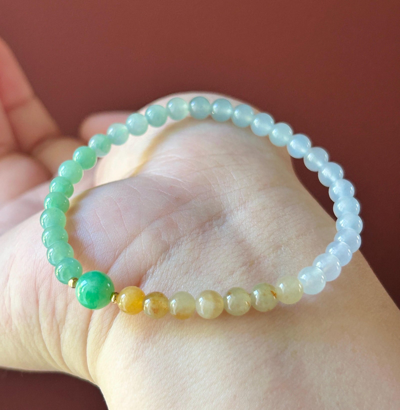 Natural Jadeite Beaded Bracelet, Burmese Type A Untreated Highly Translucent Icy Vivid Rainbow Gradient Multicolor Jade, 5mm